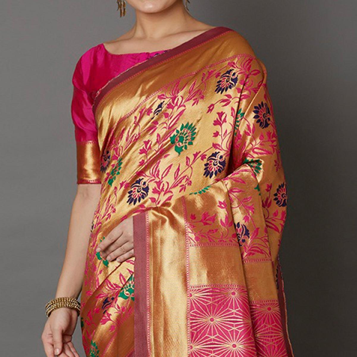 Peachmode Captivating Golden Colored Festive Wear Woven Silk Saree - view 2