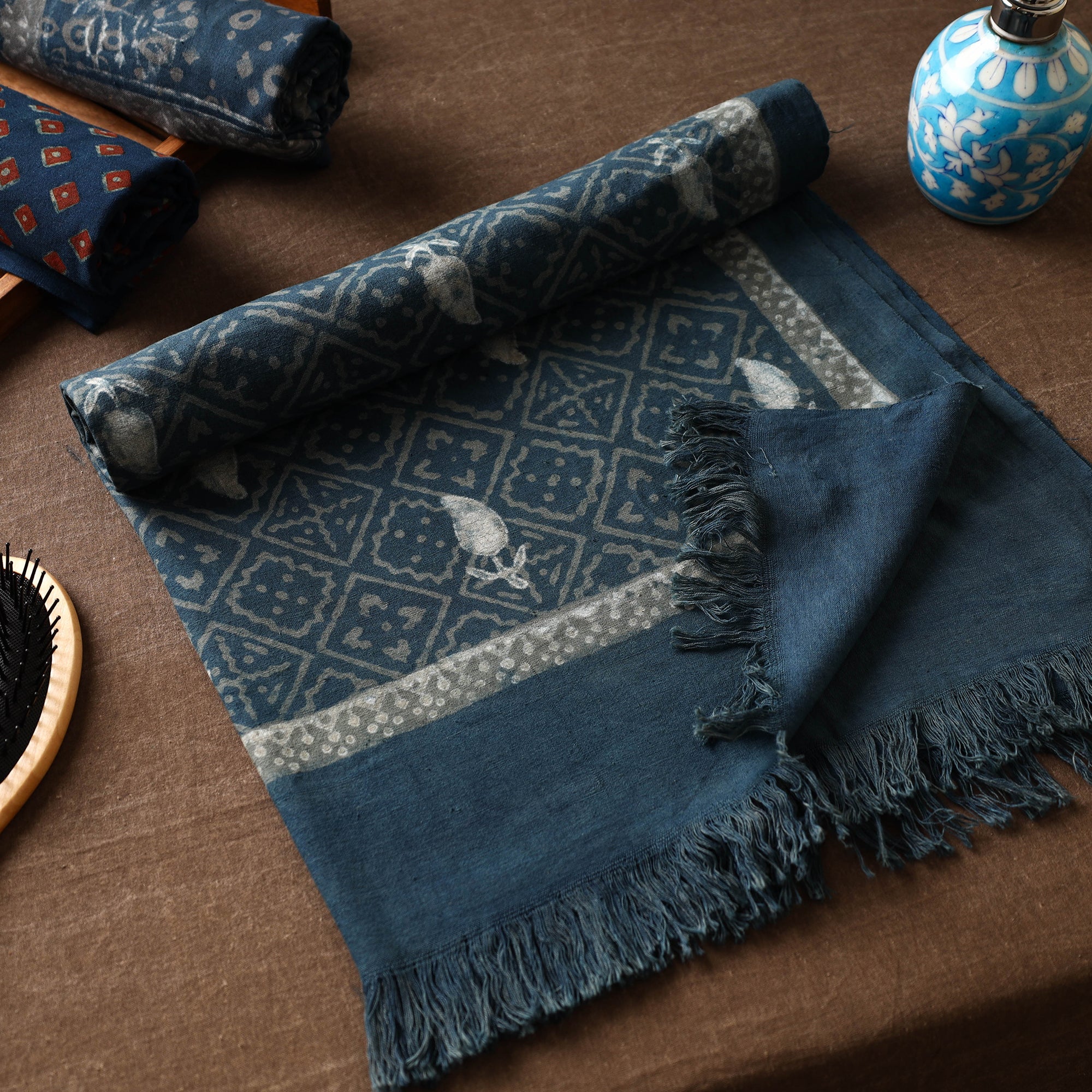 ITOKRI CRAFTS INITIATIVE Blue - Akola Block Printed Pure Handloom Cotton Towel