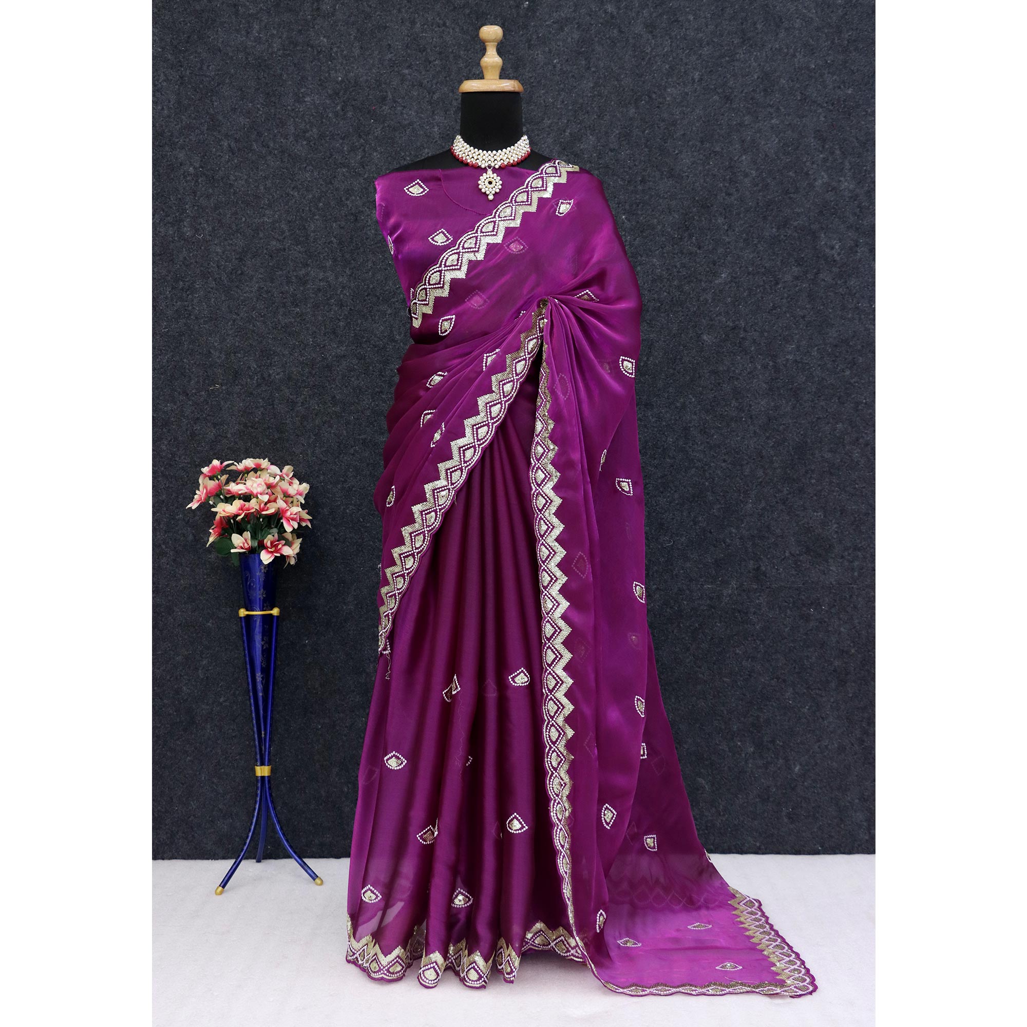Peachmode Magenta Sequins Embroidered Satin Saree - view 6