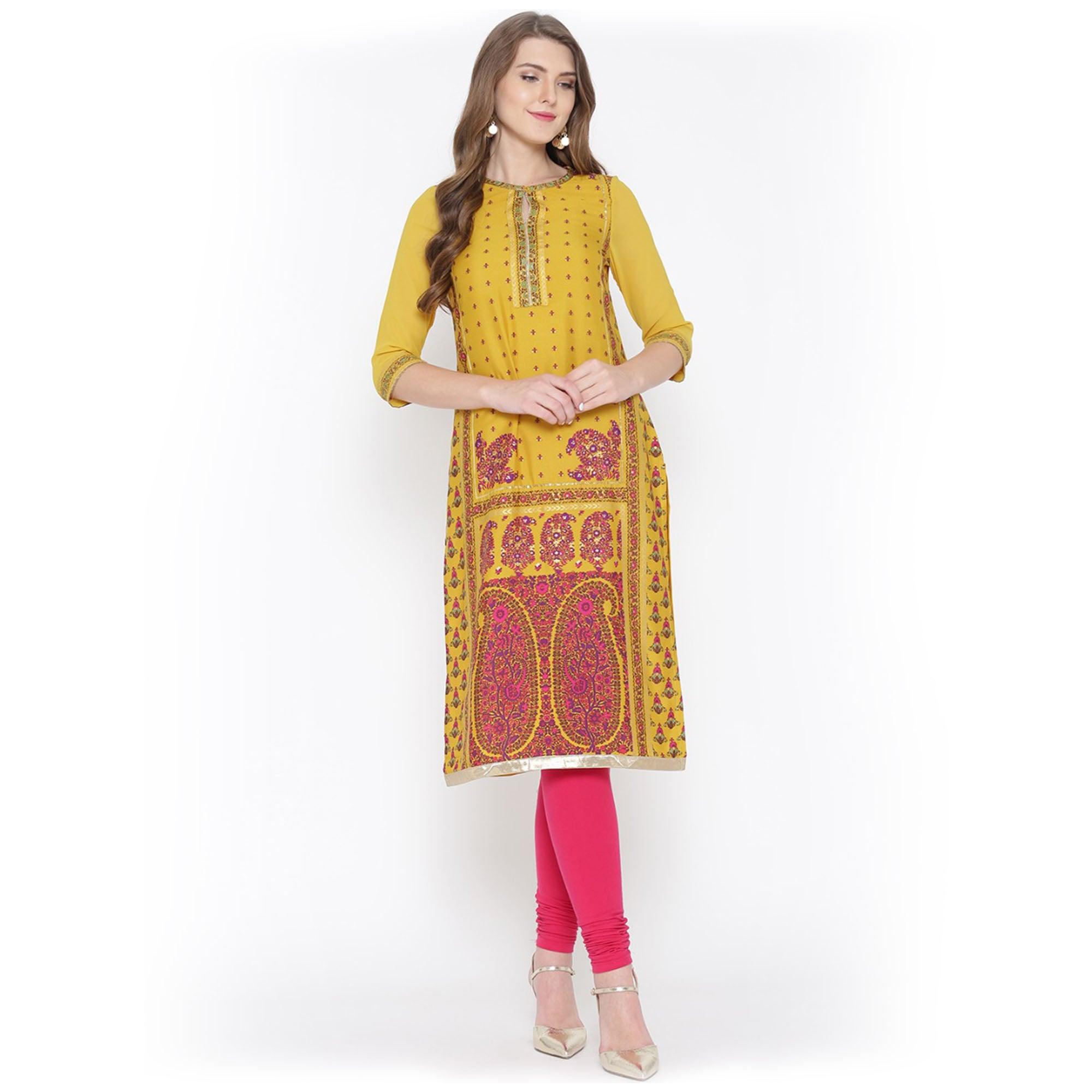 Peachmode Seller Charismatic Yellow Floral Printed Casual Wear Poly Muslin Kurti