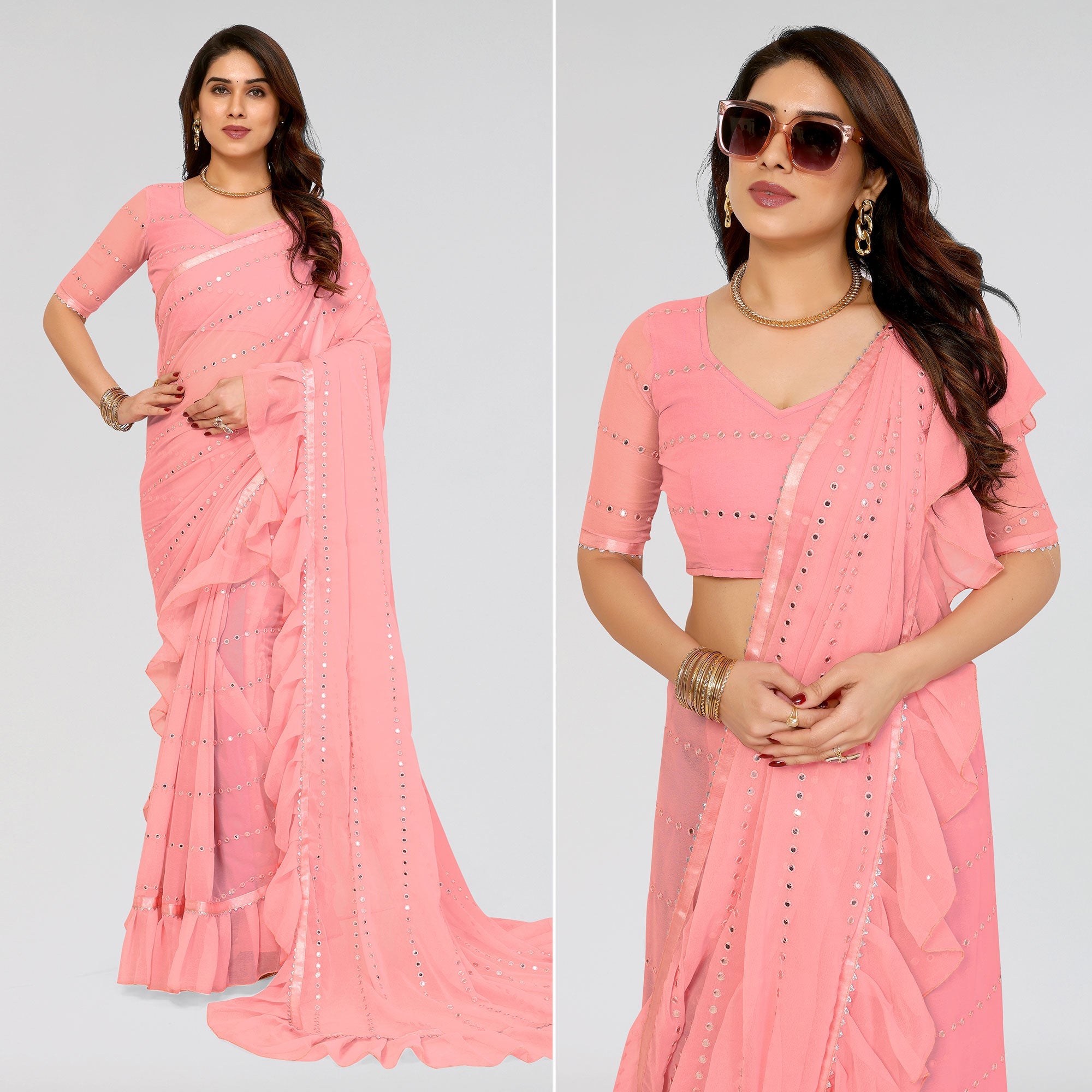 Peachmode Light Pink Embroidered Georgette Ruffle Saree