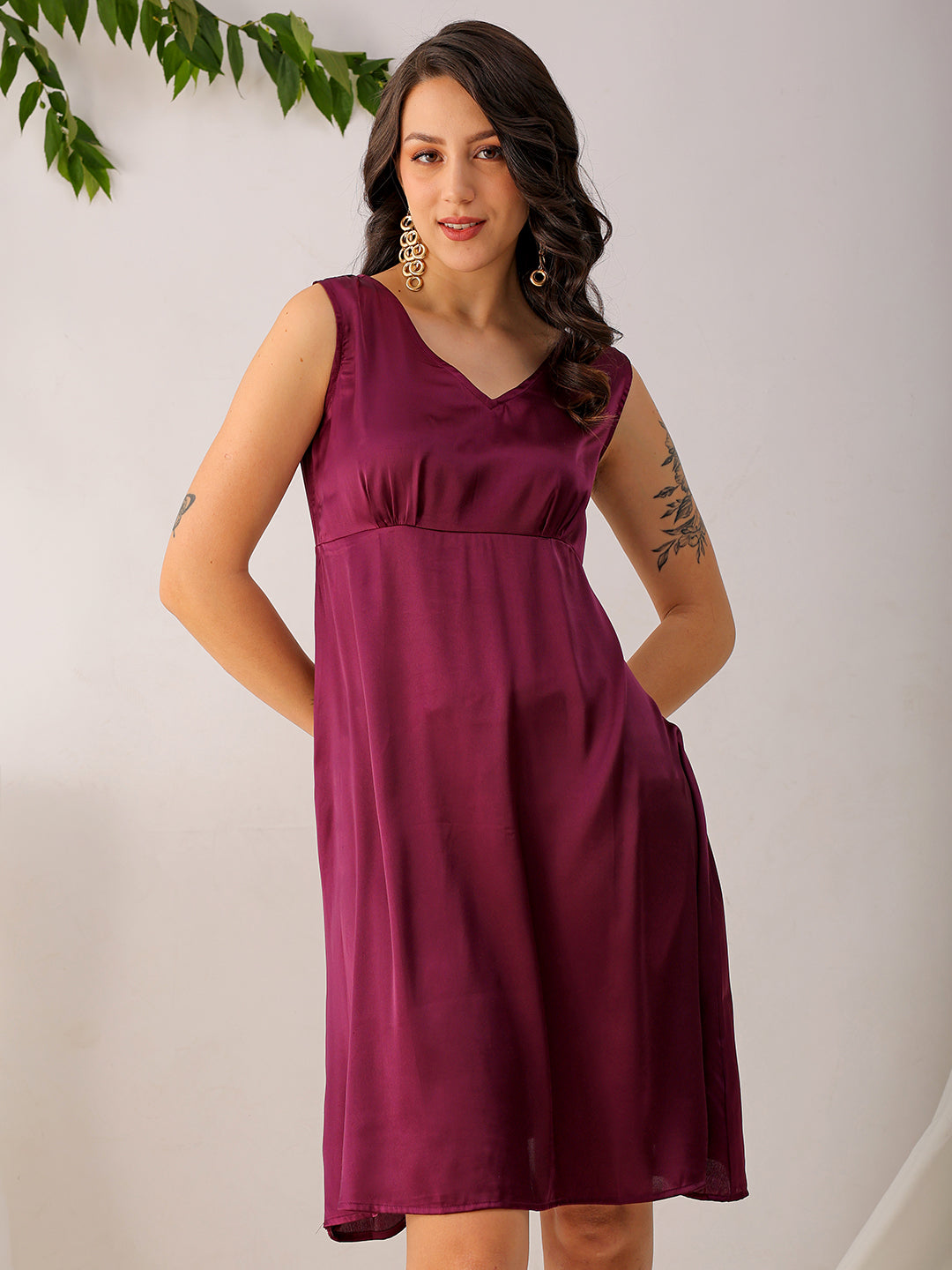Freehand by The Indian Garage Co Women's Purple Fit and Flare Solid V neck Pinafore Dress - view 3