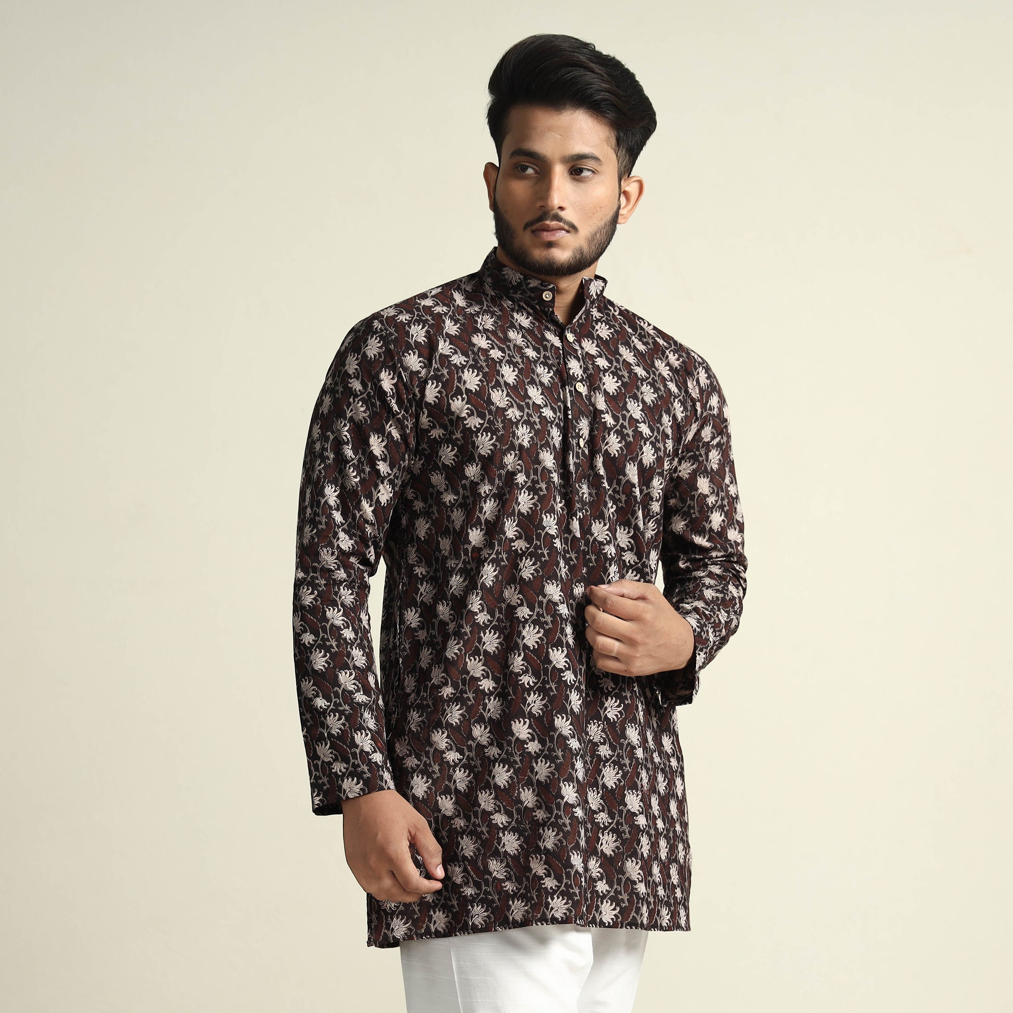 ITOKRI CASUALS Black with Lianas Jaal - Bagru Block Printed Cotton Men Short Kurta
