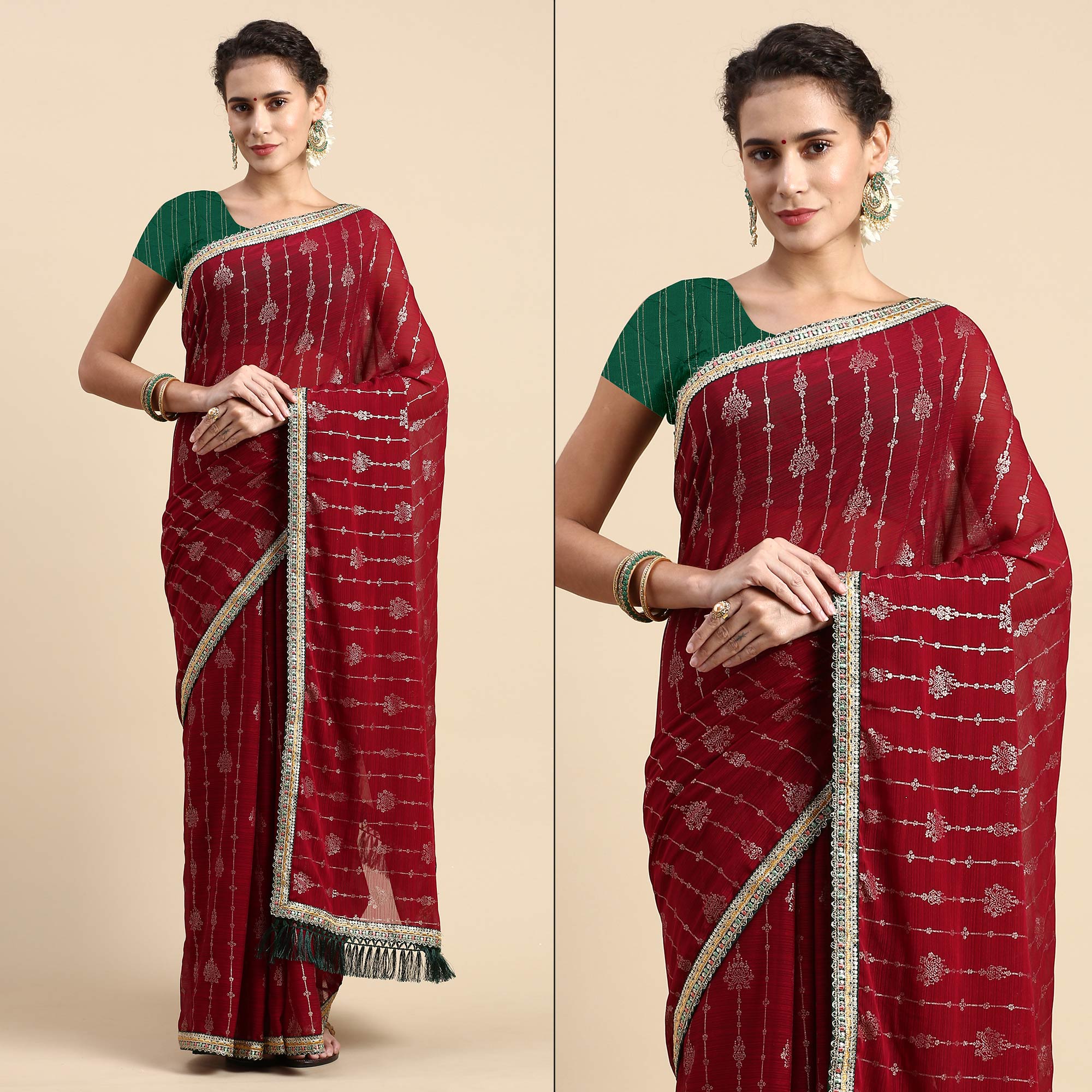 Peachmode Maroon Foil Printed With Fancy Border Zomato Silk Saree