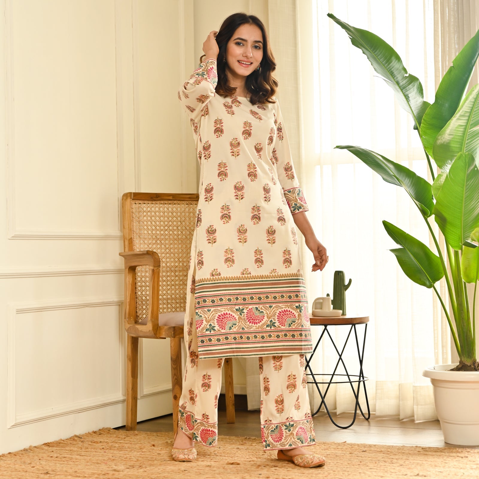 BlackTree Cream Boota Straight Kurta Pant Set - view 2