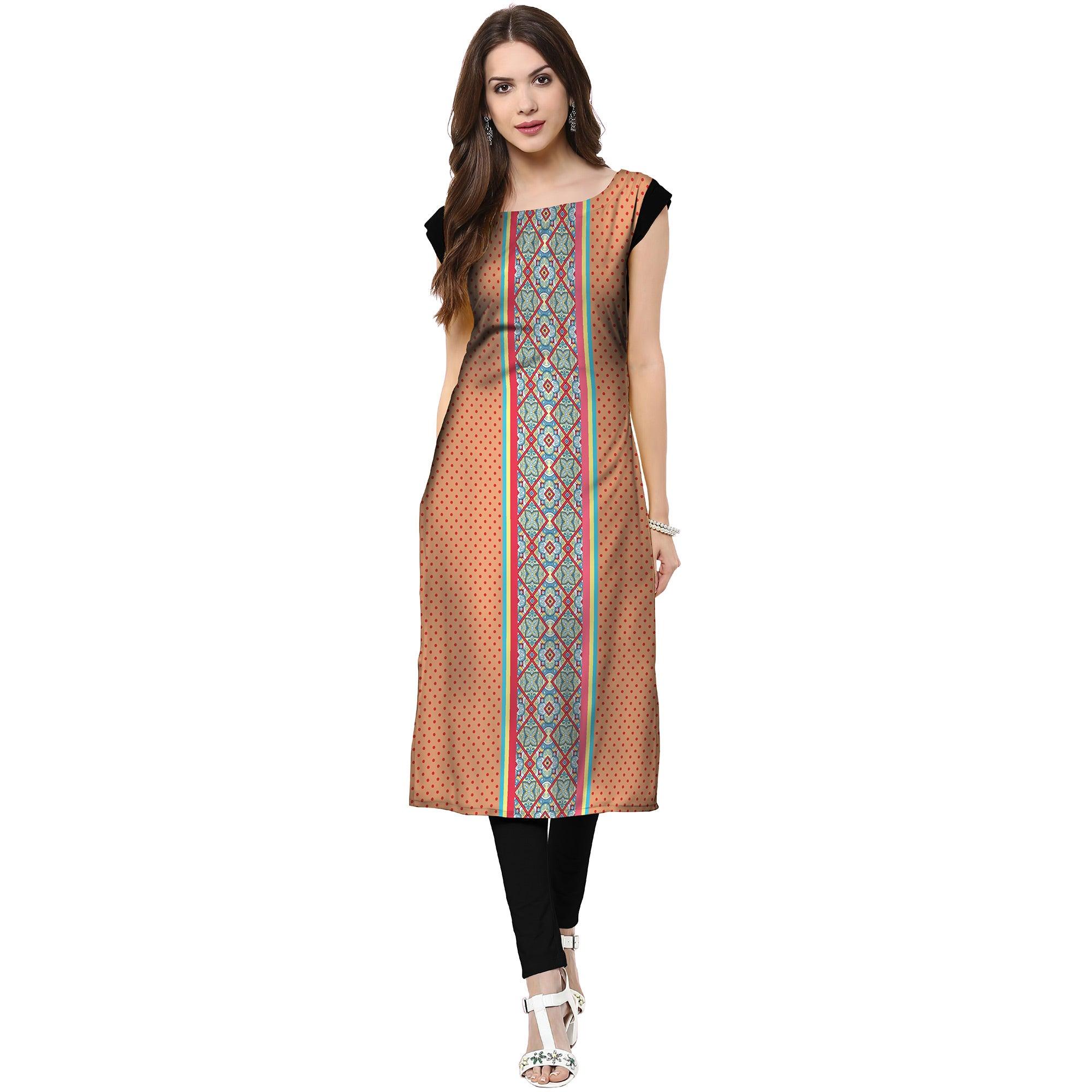 Peachmode Seller Engrossing Peach Colored Casual Printed Crepe Kurti