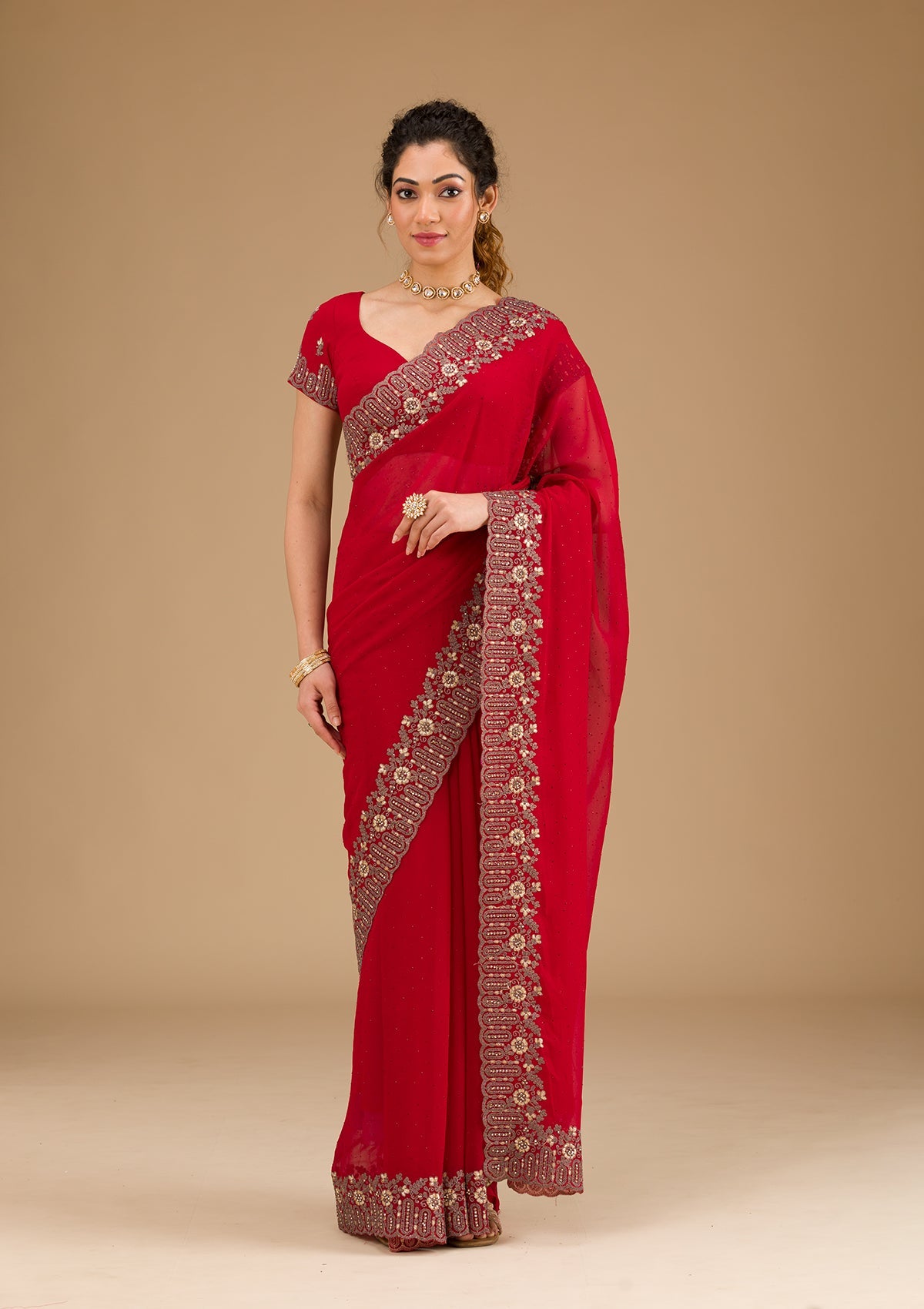 Koskii Red Zariwork Georgette Saree – Women's