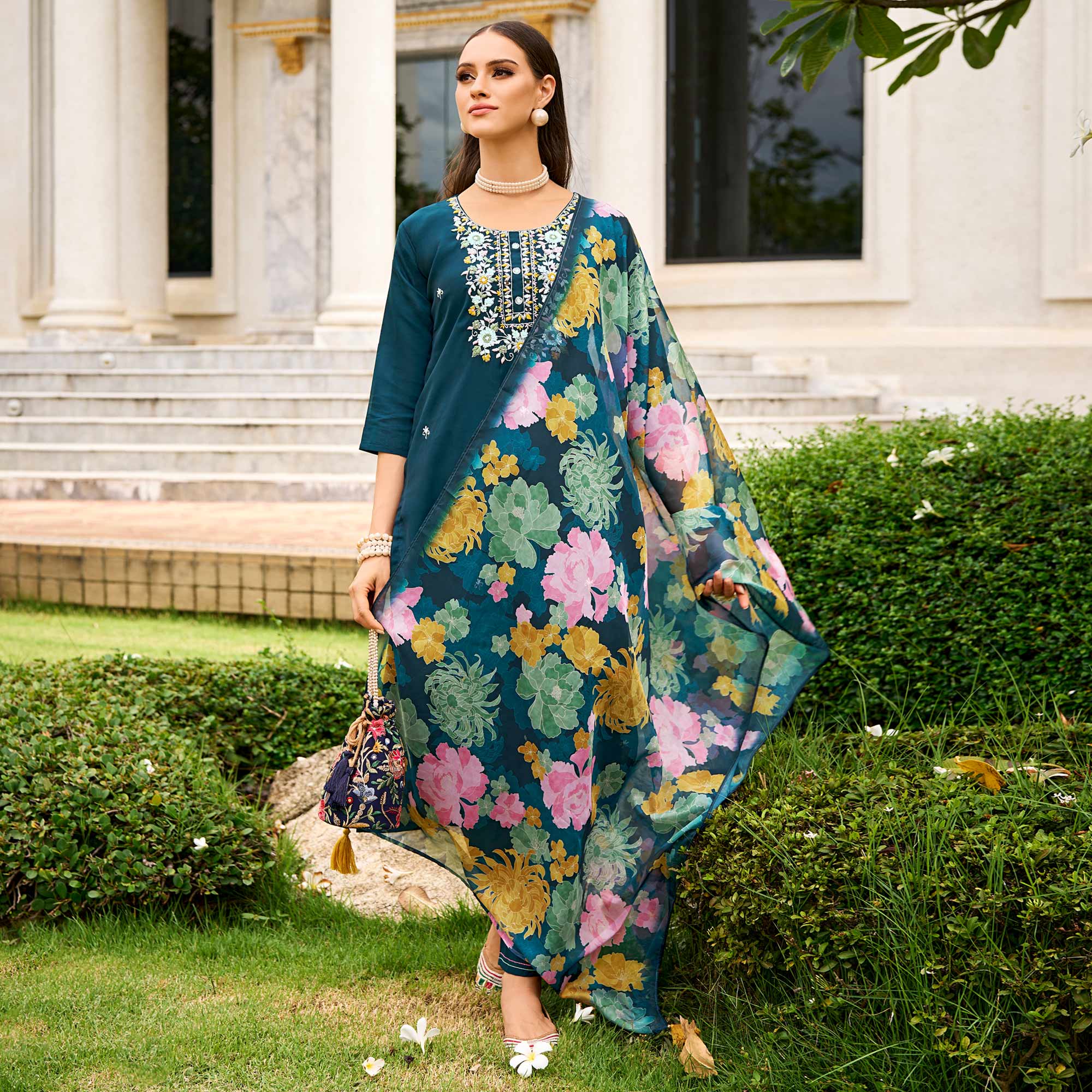 Peachmode Seller Morpich Floral Embroidered Chanderi Silk Suit - view 2