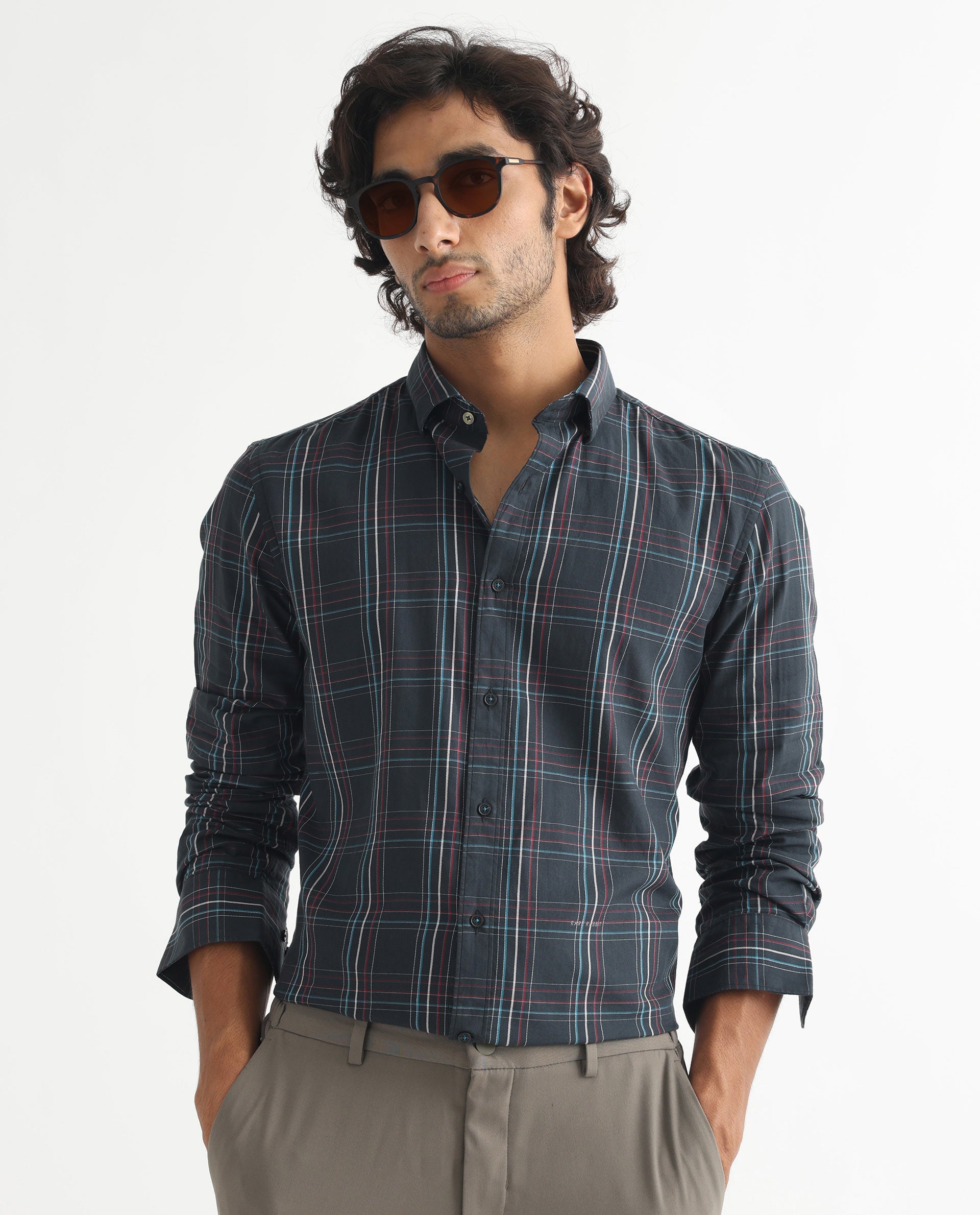 Rare Rabbit Men's Lome Navy Cotton Fabric Full Sleeves Checks Shirt