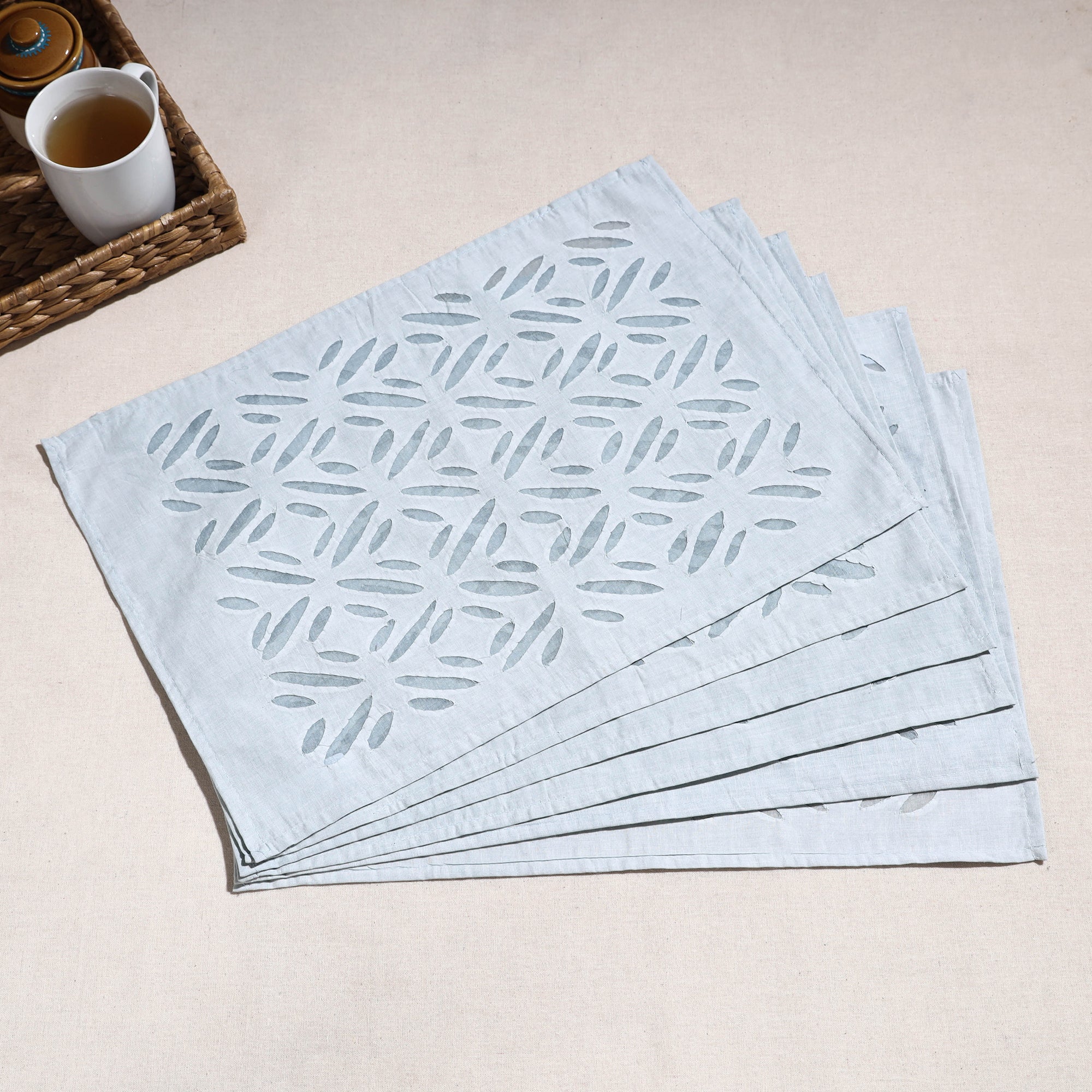 SHADES OF MARUDHARA Blue - Applique Cut work Cotton Table Mats (set of 6)