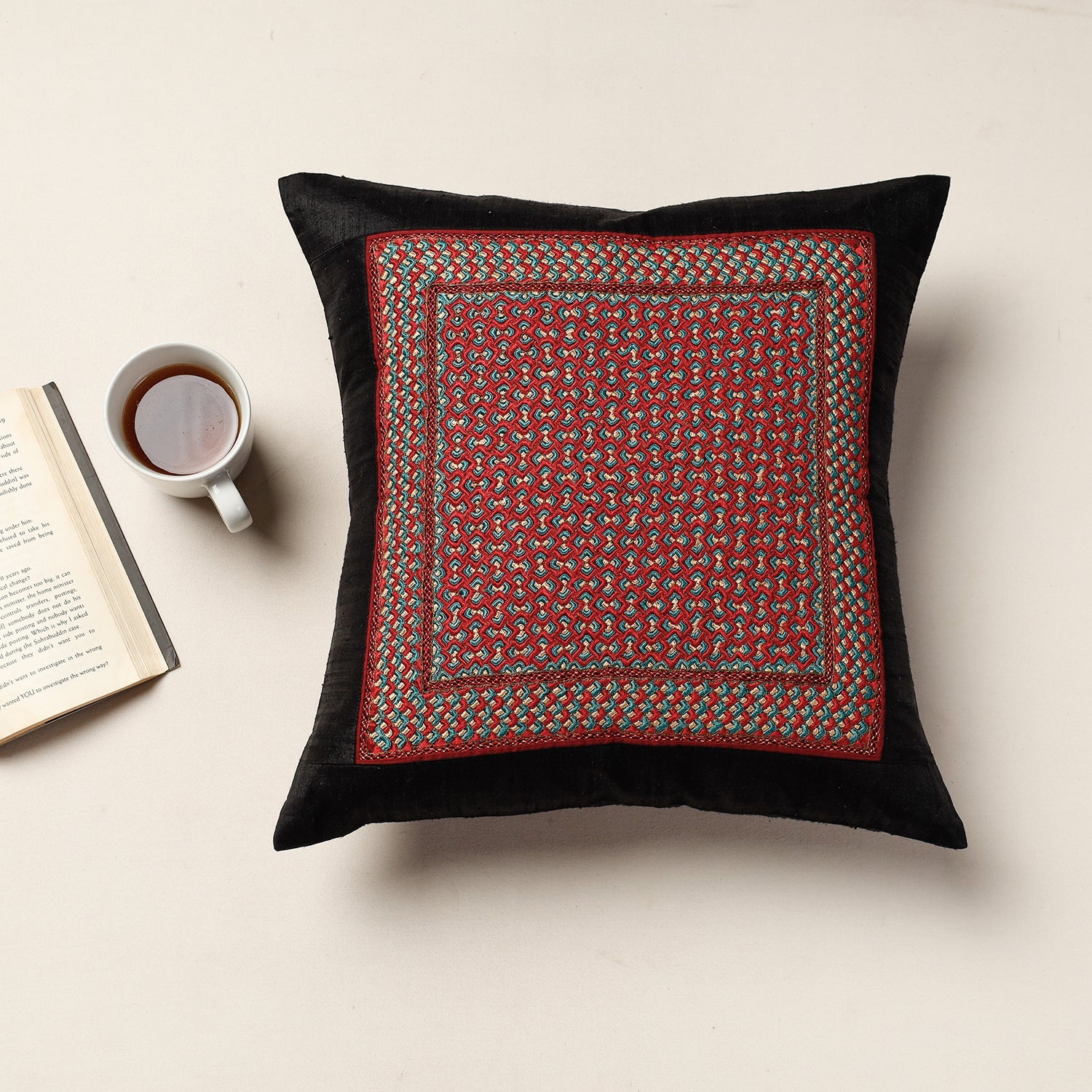 QASAB Black - Kutch Neran Hand Embroidery Raw Silk Cushion Cover (16 x 16 in)