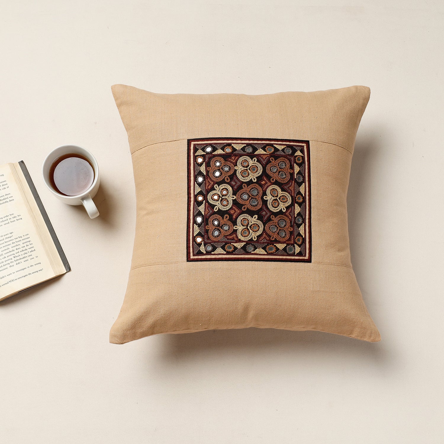 QASAB Beige - Kutch Ahir Hand Embroidery Cotton Cushion Cover (16 x 16 in)