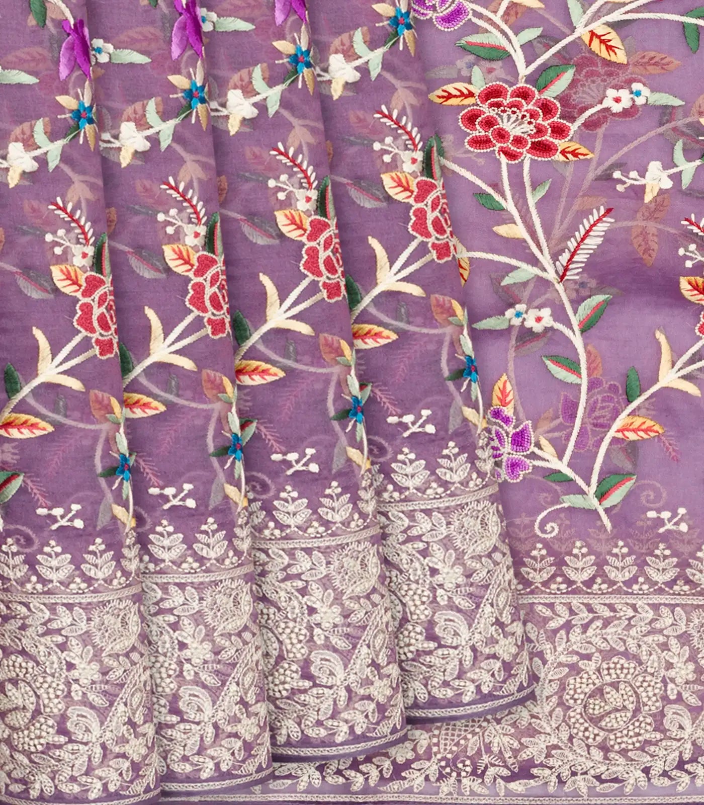 RmKV Lilac Organza Silk Saree With Meena Embroidered Motifs-Lilac