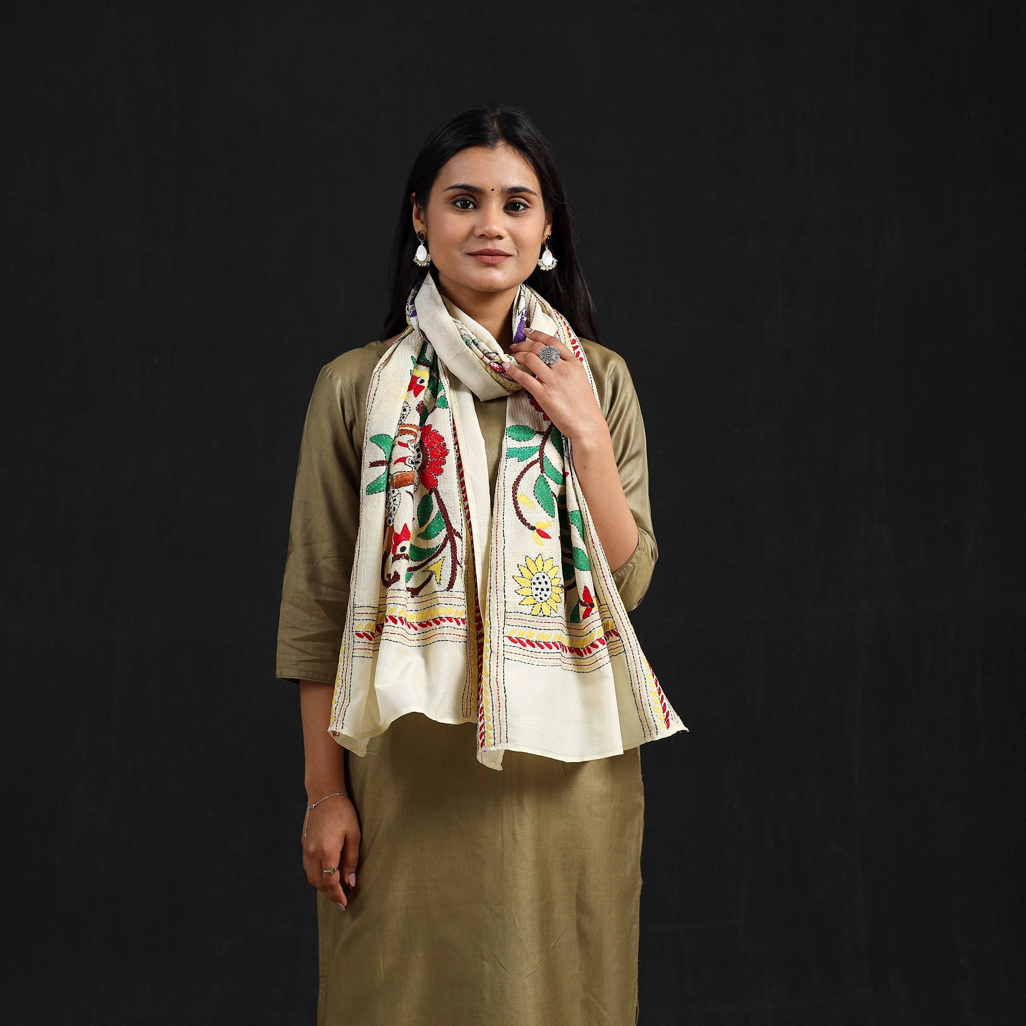 AFROZA KHATUN KANTHA ARTISTAN Beige - Handloom Tussar Silk Bengal Kantha Work Stole 73 - view 2