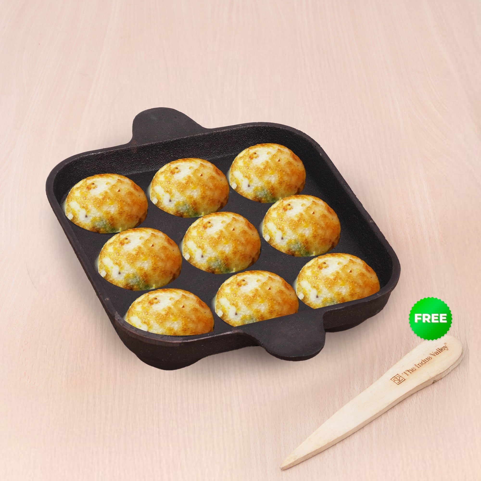 The Indus Valley 9 Pit/Cup CASTrong Cast Iron Paniyaram/Appe Pan+ Free Spatula, Pre-seasoned, Natural Nonstick, 100% Pure, Toxin-free, 24 cm, 1.34 kg