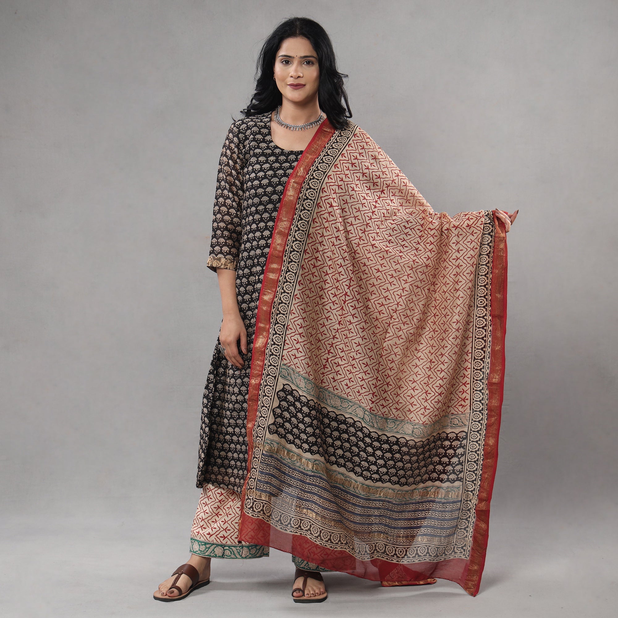 ITOKRI CASUALS Black - Bagru Block Printing Maheshwari Silk Kurta with Palazzo & Dupatta Set - view 2