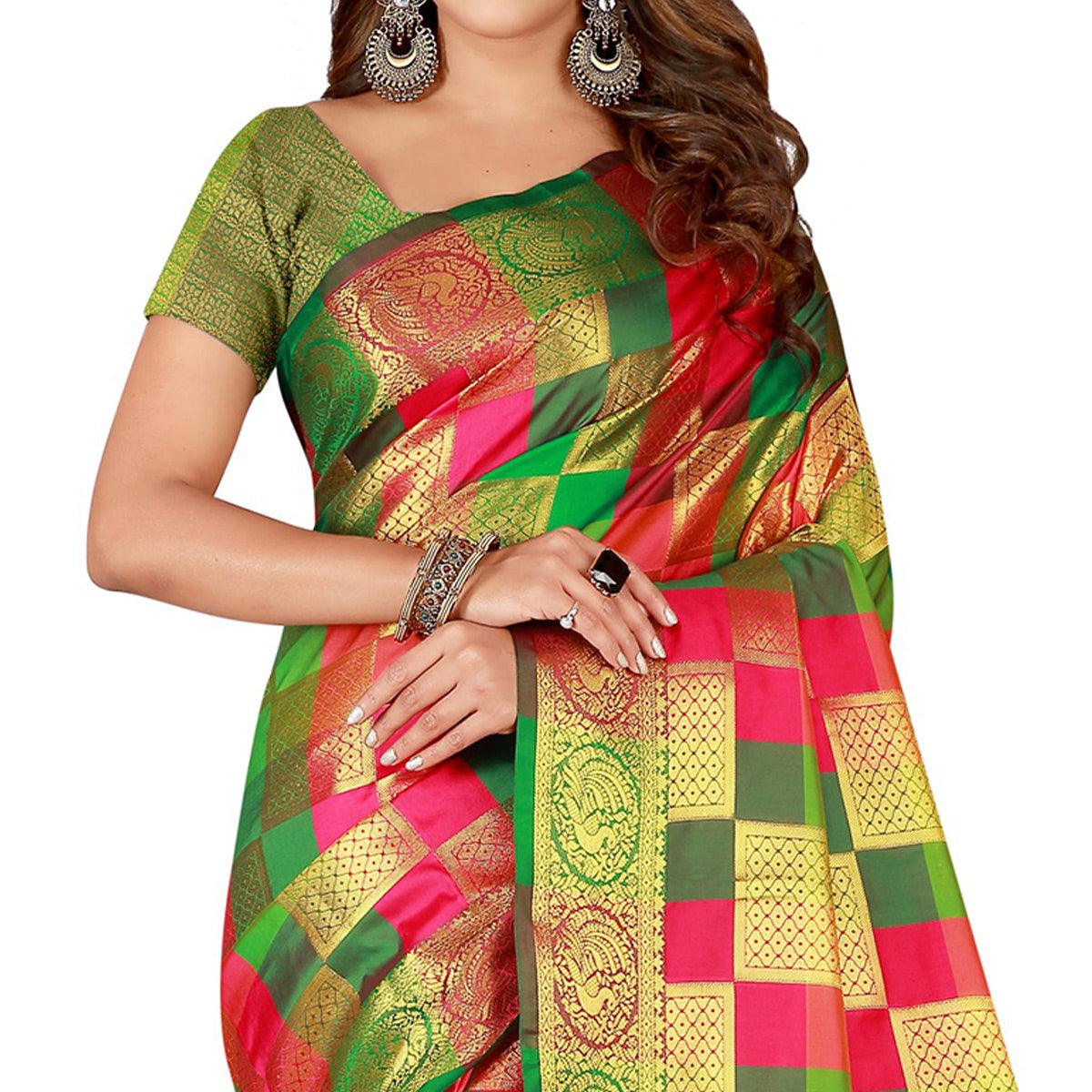 Peachmode Elegant Pink-Green Colored Festive Wear Art Silk Saree - view 2