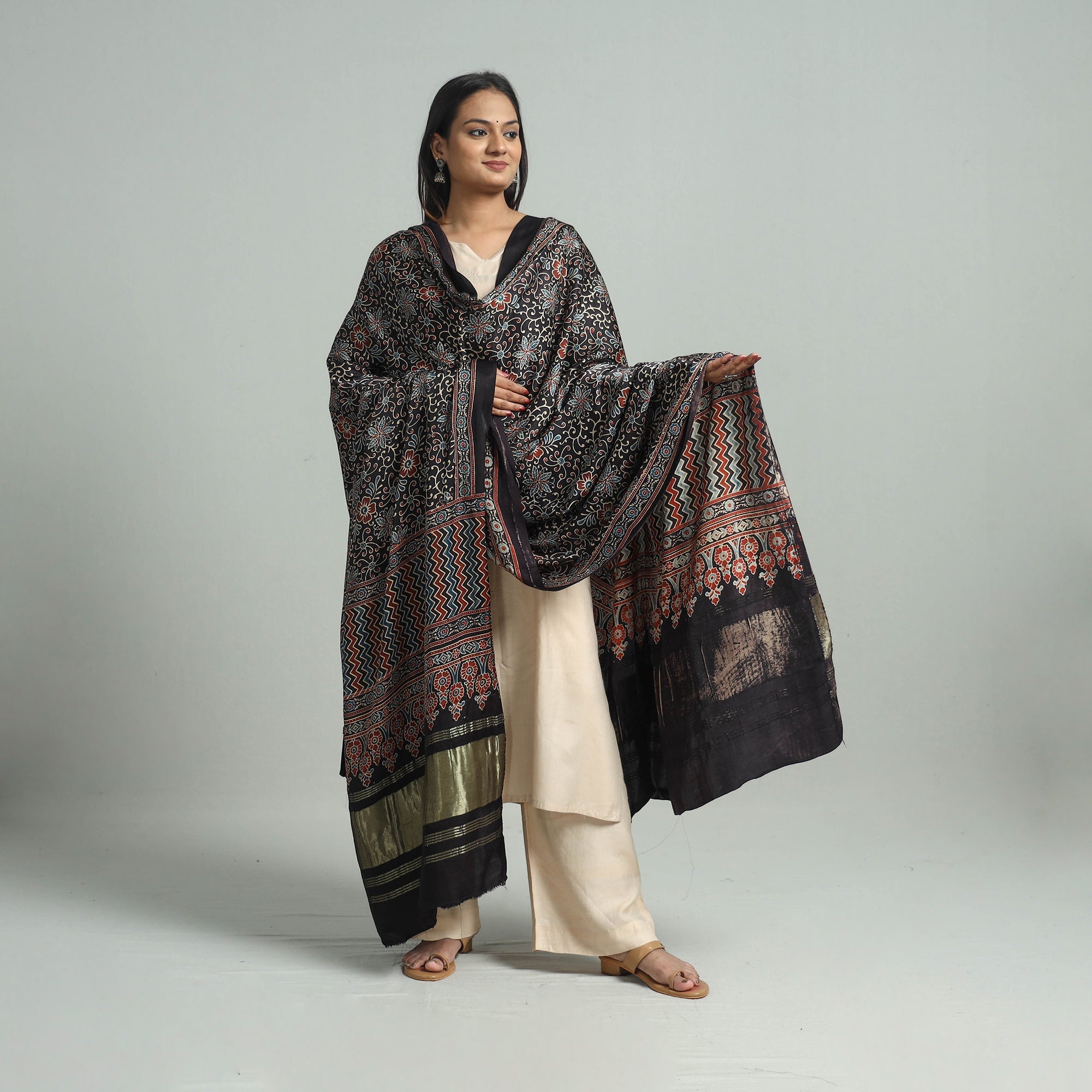 KACHCHH JI CHHAAP Black - Modal Silk Block Print Ajrakh Dupatta 77 - view 2