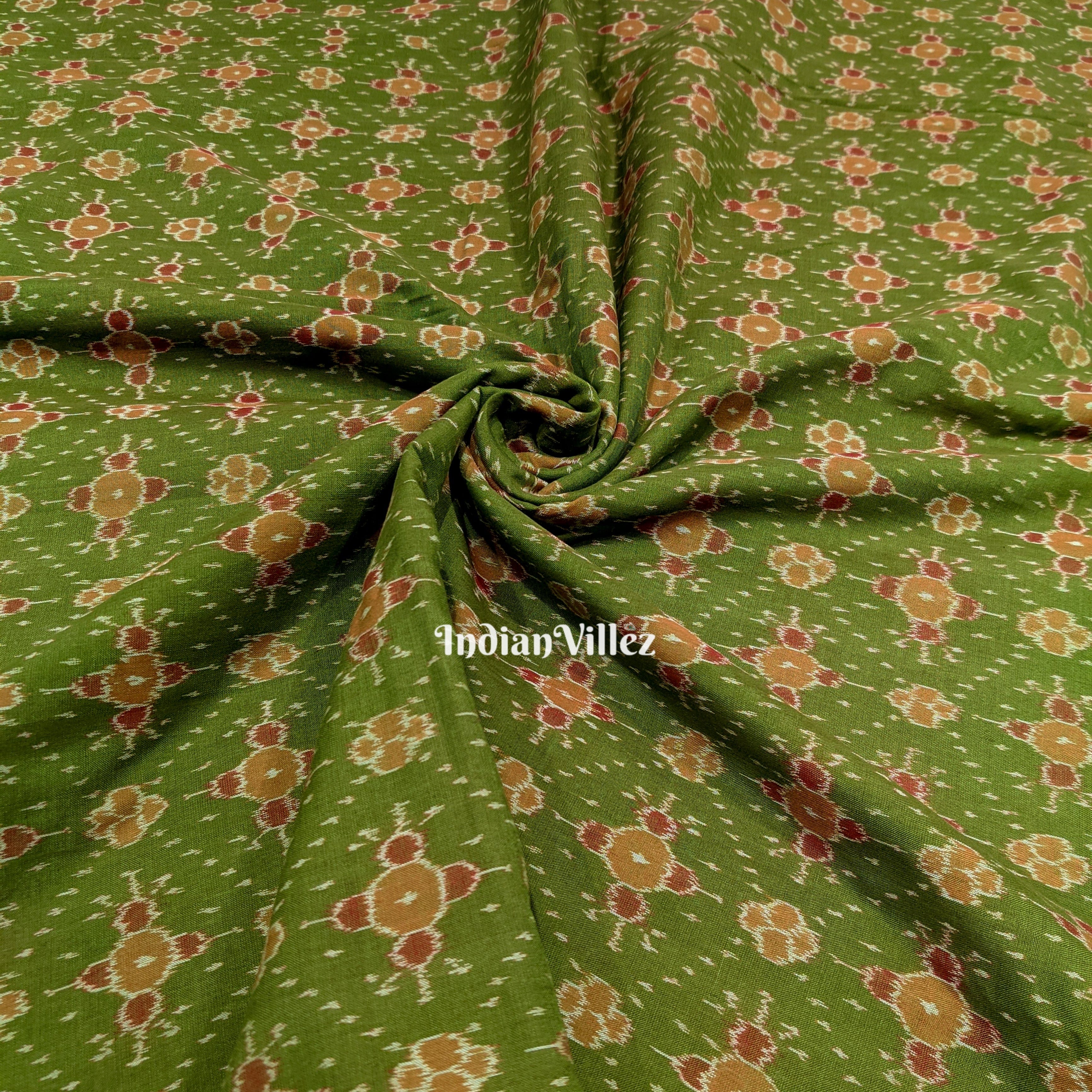 IndianVillèz Mehndi Green Odisha Handloom Cotton Ikat Fabric