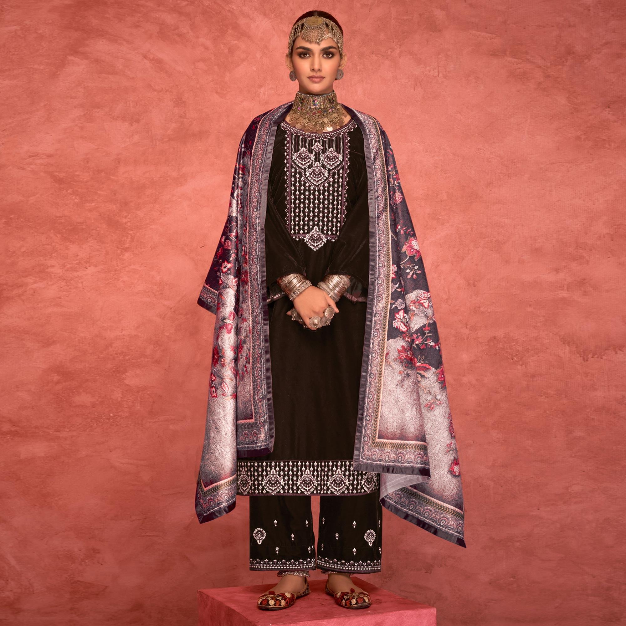 Peachmode Brown Embroidered Velvet Pakistani Suit - view 2