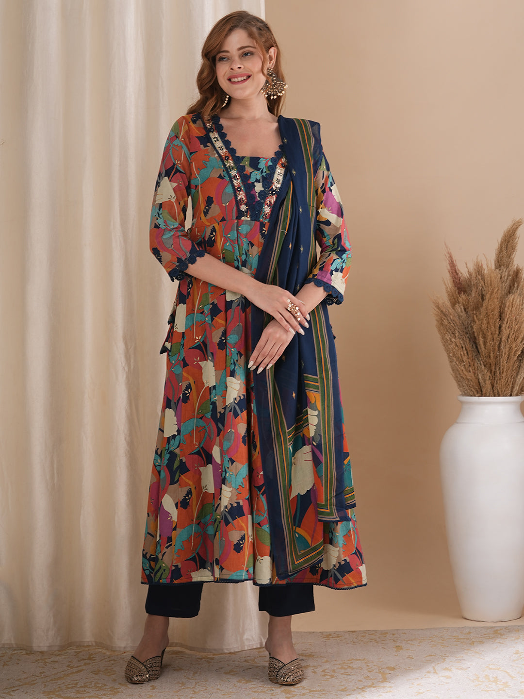 FASHOR Abstract Floral Printed & Embroidered Anarkali Kurta with Pant & Dupatta - Multi