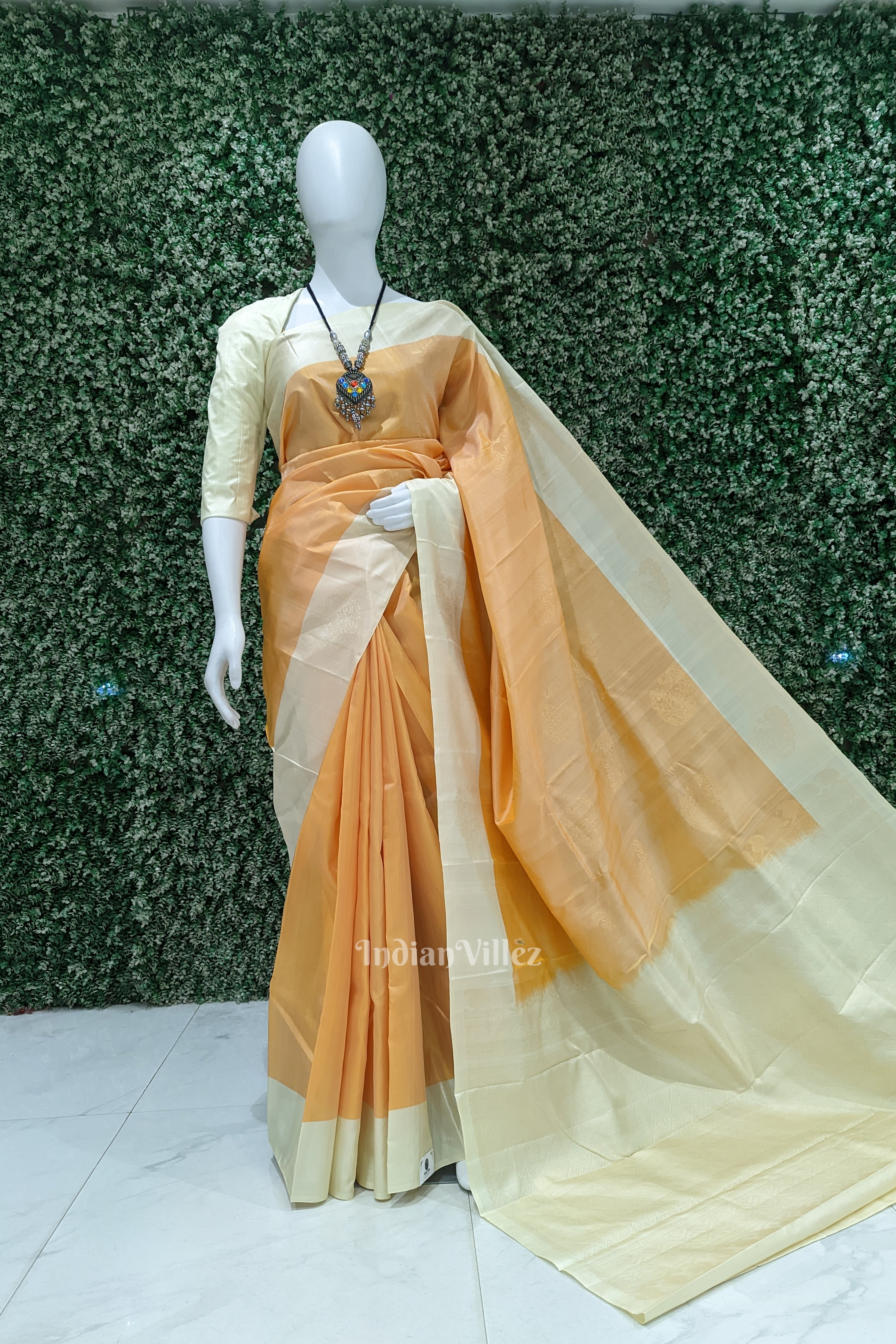 IndianVillèz Light Orange With Peach Pure Kanjivaram Soft Silk Saree