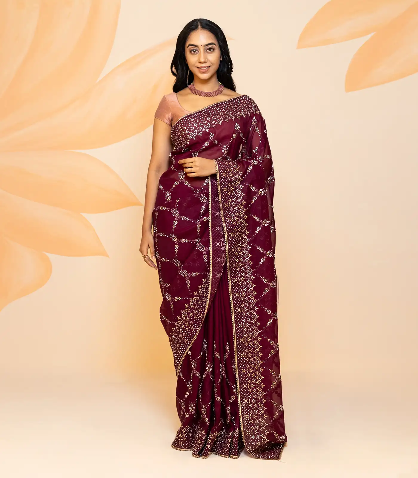 RmKV Burgundy Blended Cotton Saree Embroidered Floral Jaal Motifs-Burgundy