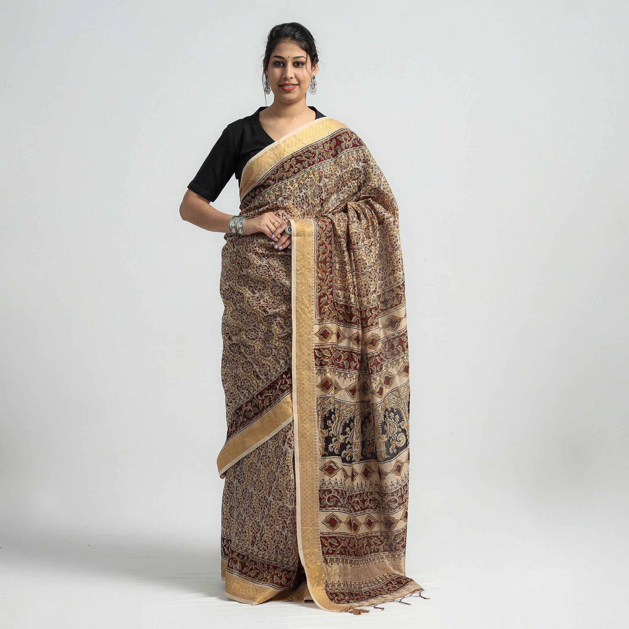 VENKATA BHANU KALAMKARI PEDANA Brown - Original Pedana Kalamkari Block Print Silk Saree