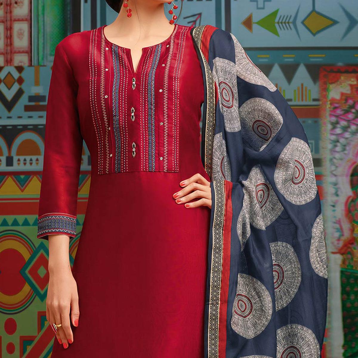 Peachmode Maroon Digital Printed Chanderi Palazzo Suit - view 2