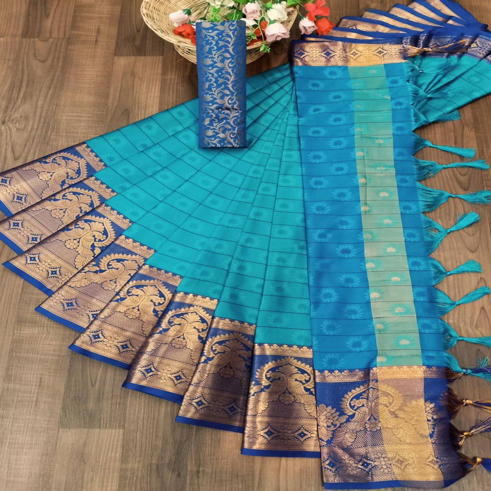 Peachmode Eye-catching Firozi Colored Festive Wear Woven Cotton Silk Saree