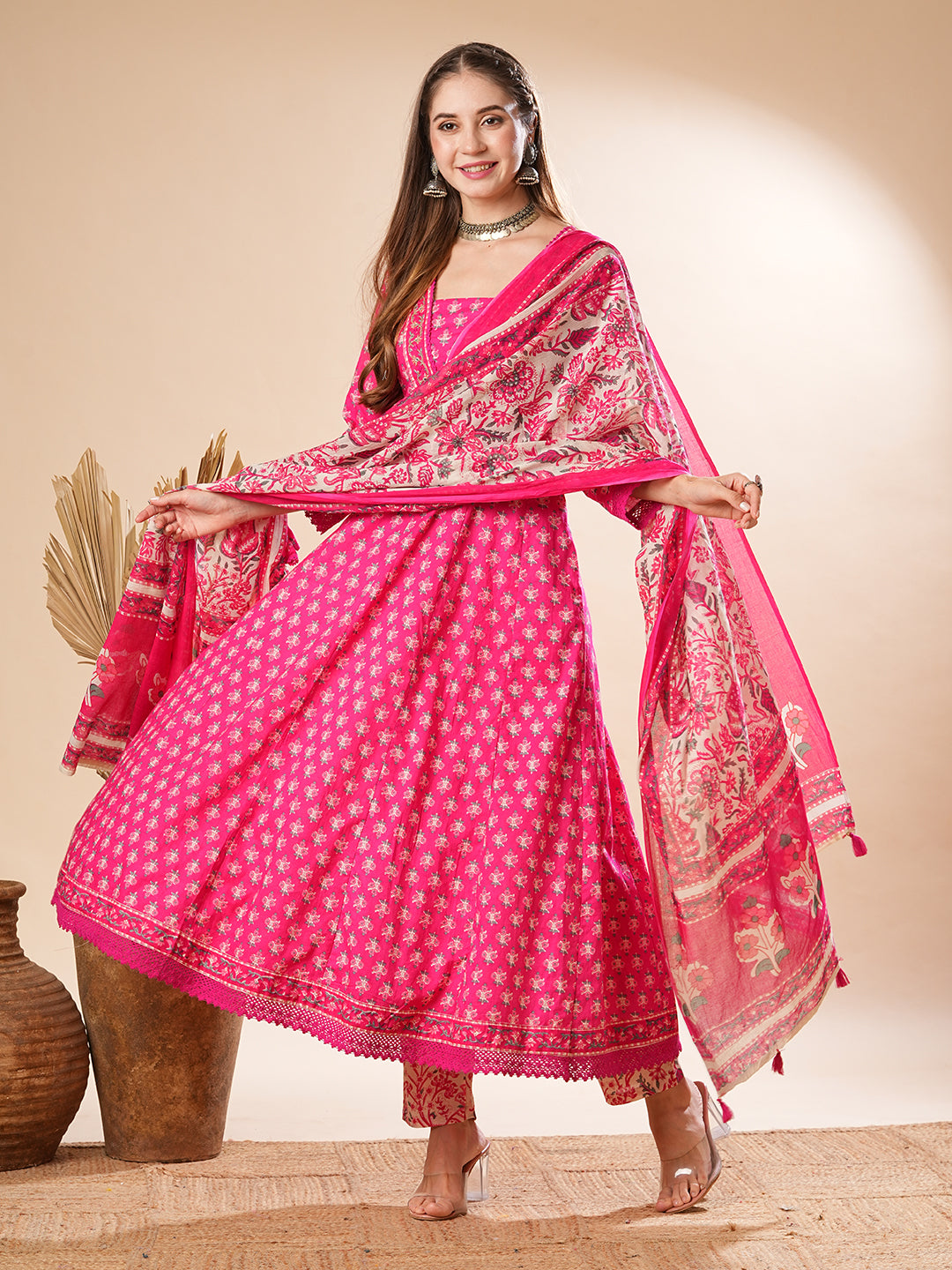 Fashor Floral Printed Mirror & Beads Embroidered Anarkali Kurta with Pants & Dupatta - Pink