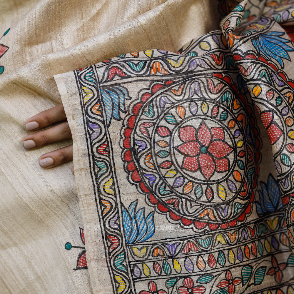 DIORAMA DESIGNS Beige - Madhubani Hand-Painted Krishna Raas Tussar Silk Saree - view 7
