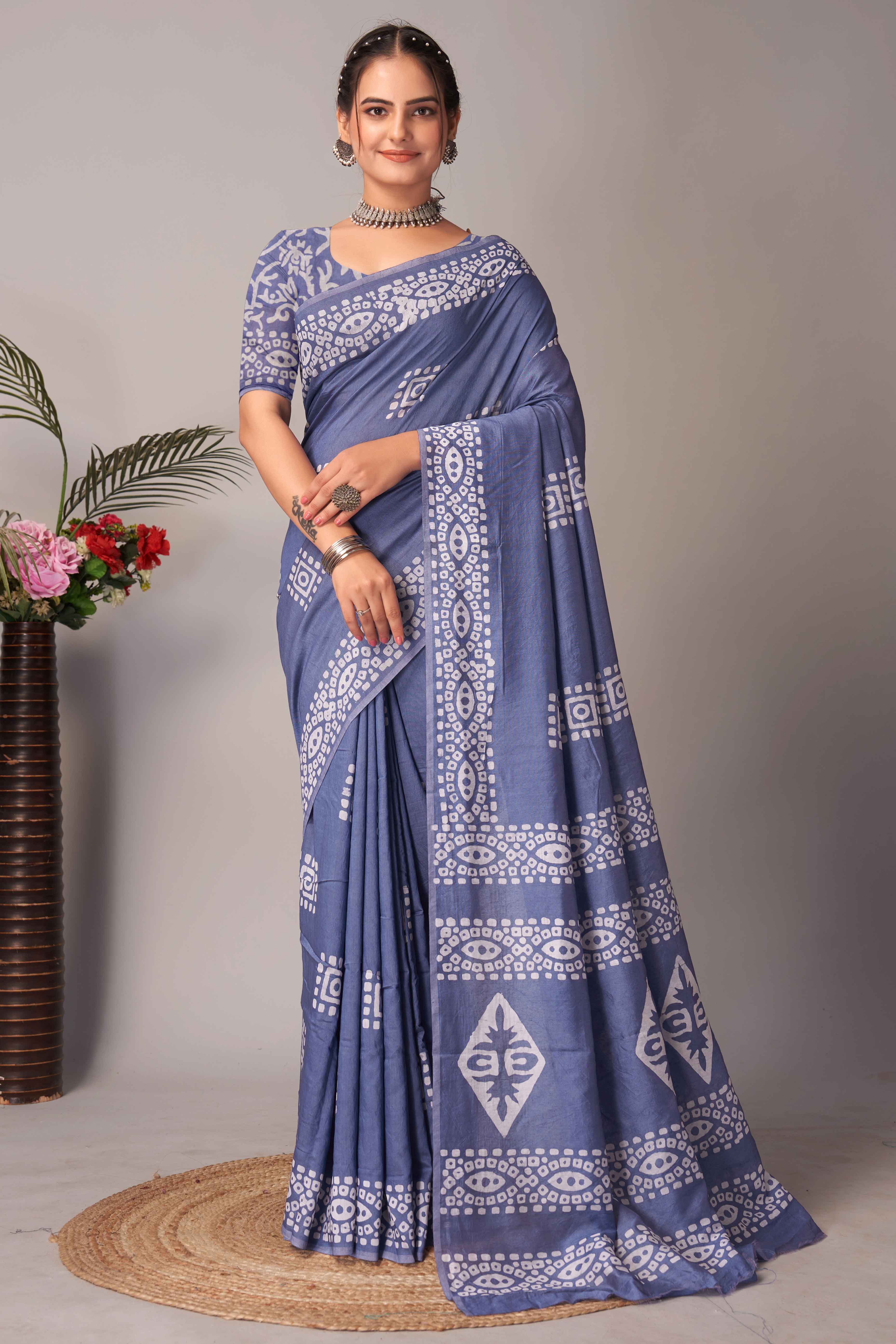 Peachmode Lavender Batik Printed Chanderi Cotton Silk Saree