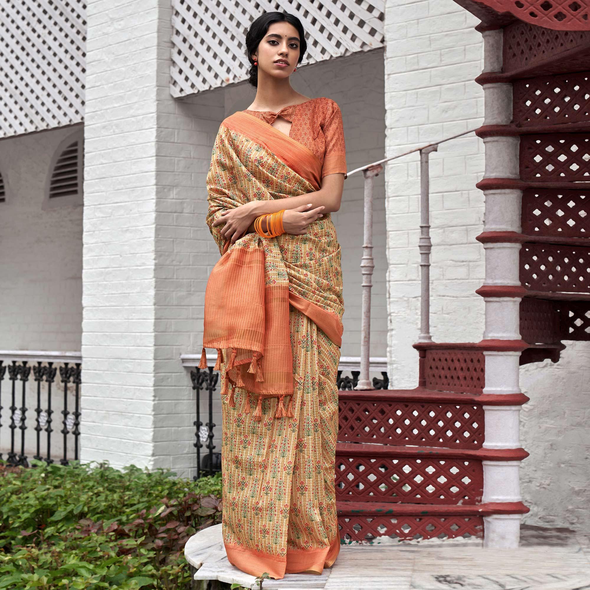 Peachmode Cream Digital Printed Art Silk Saree - view 2