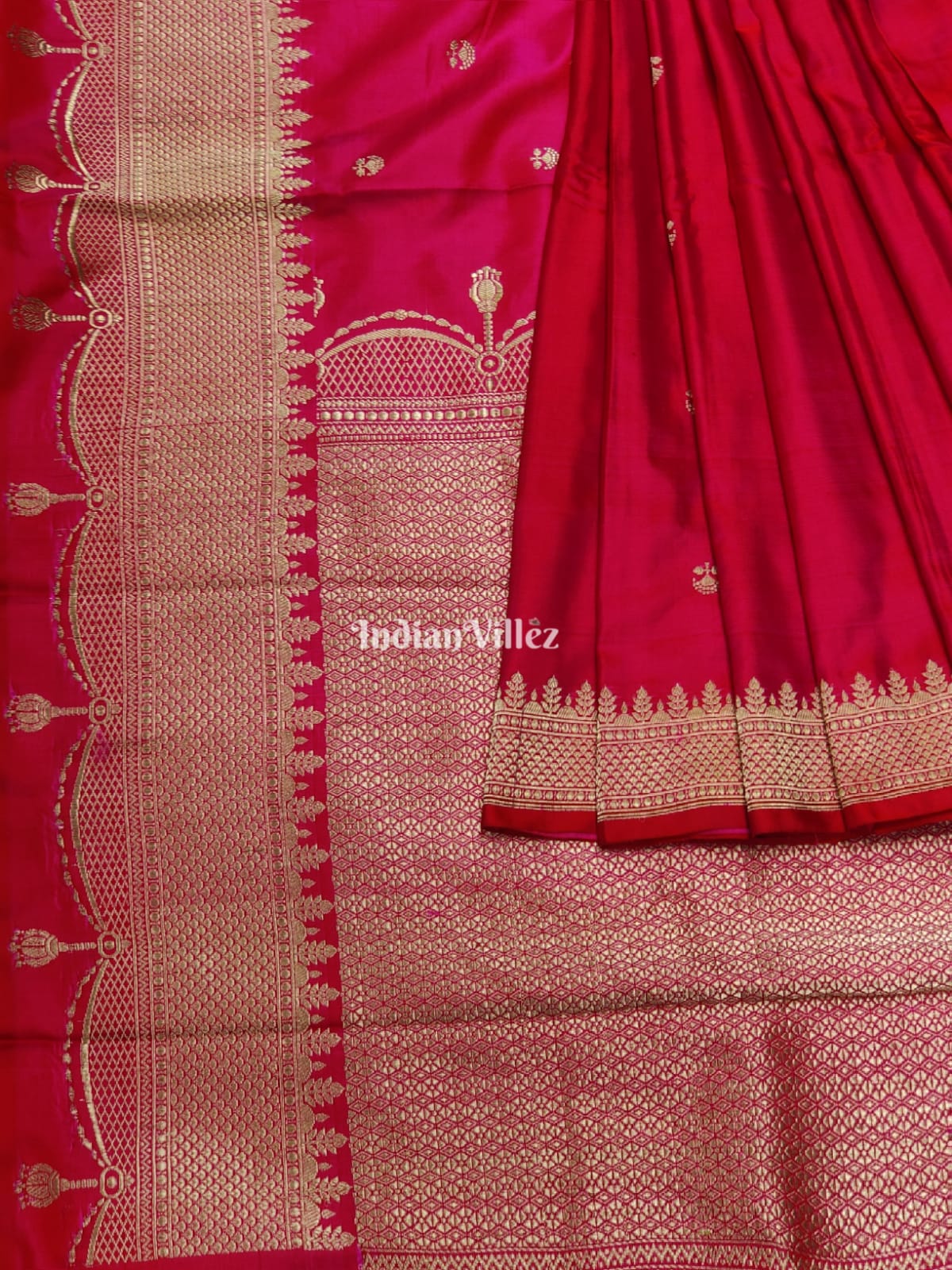 IndianVillèz Cherry Red Pure Banarasi Handloom Katan Silk Saree