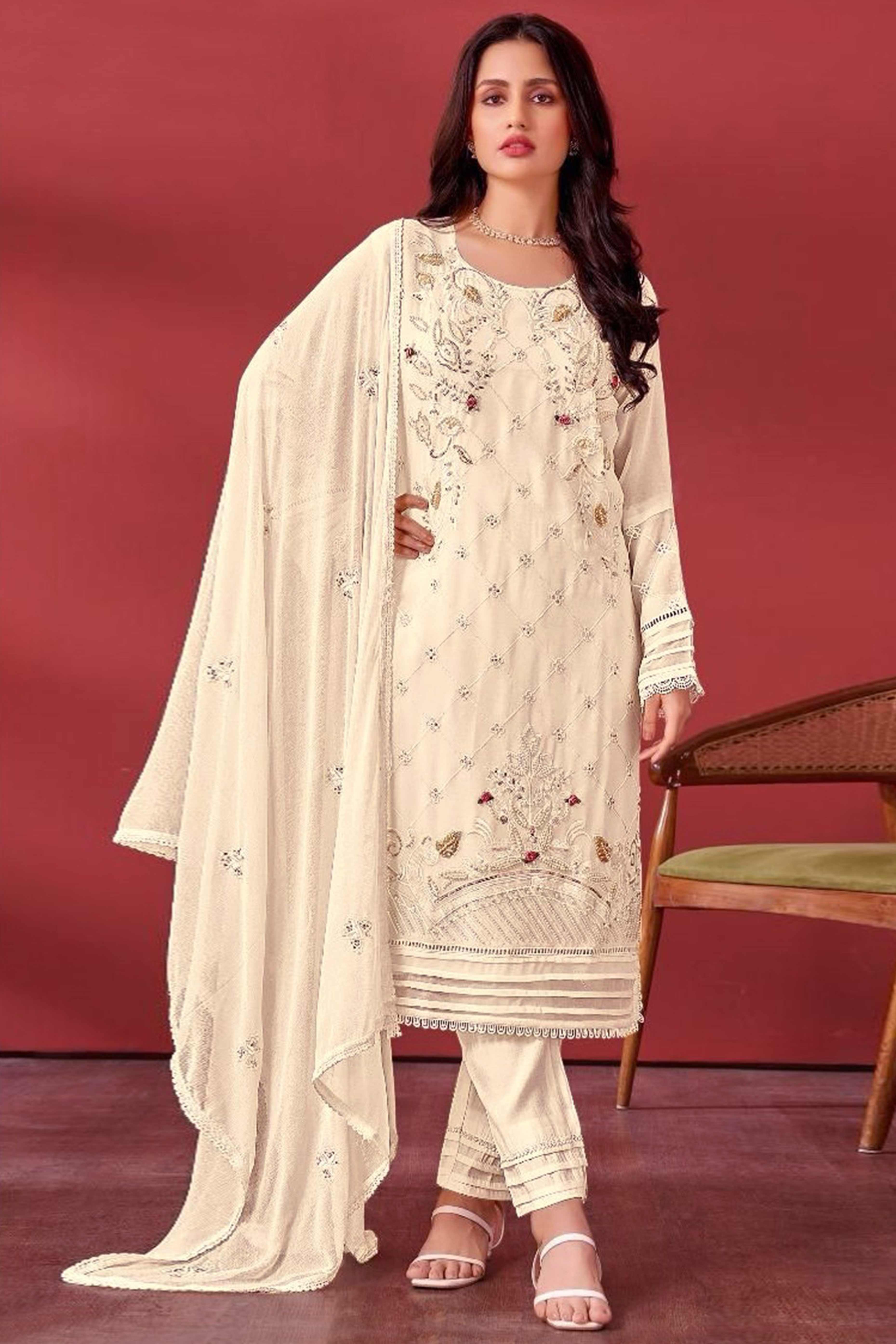Peachmode Cream Heavy Embroidered Work Georgette Dress Material