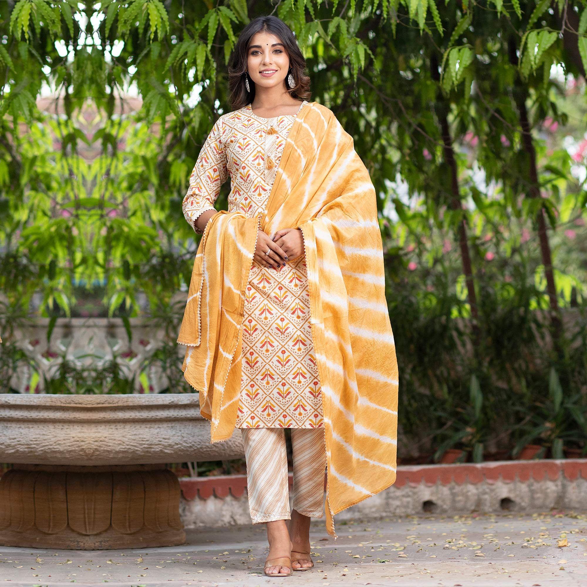 Peachmode Cream Floral Printed Pure Cotton Kurti Pant Set With Dupatta - view 4