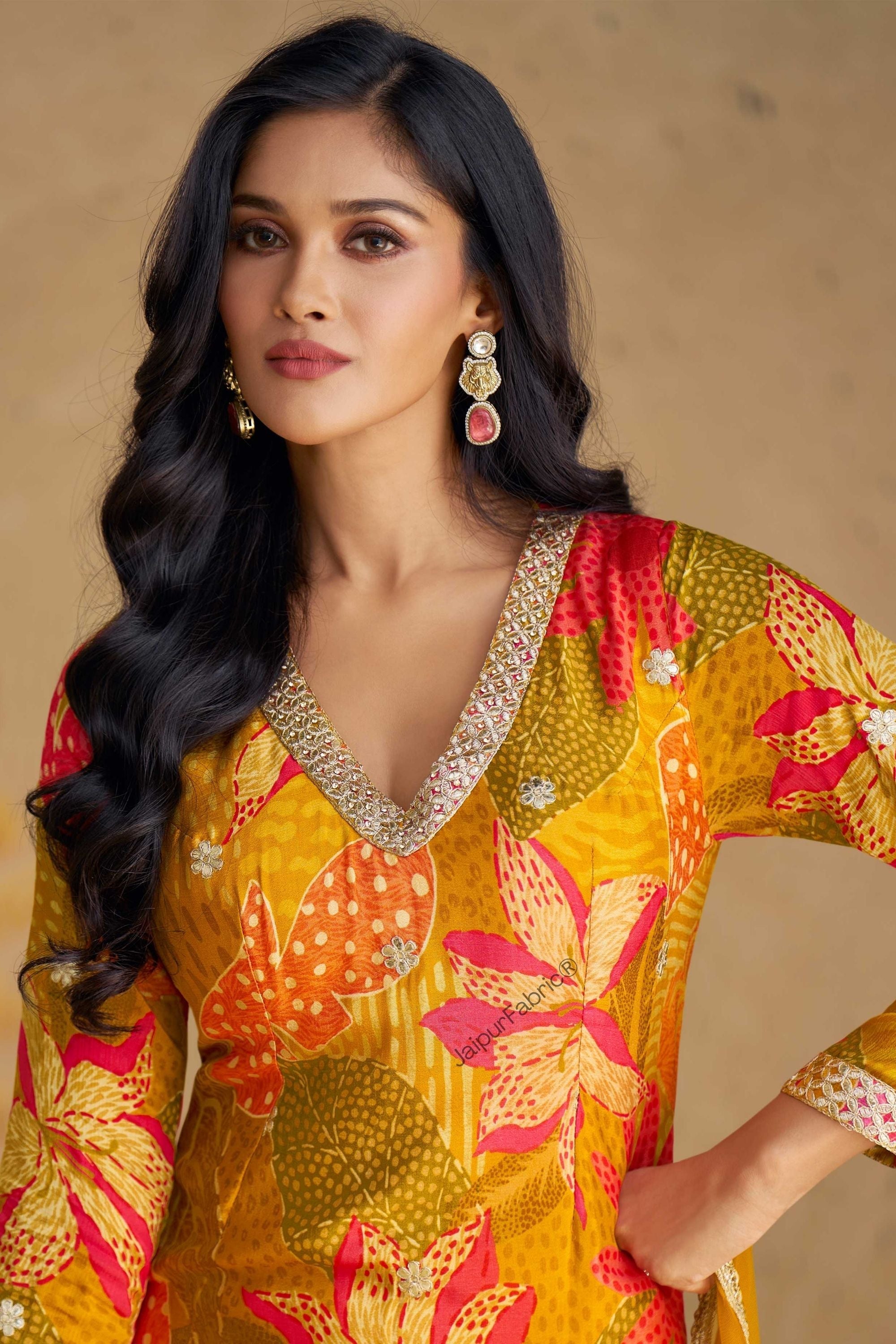 JaipurFabric® Digital Printed Chinon Silk Mustard Color Beautiful Suit - view 3