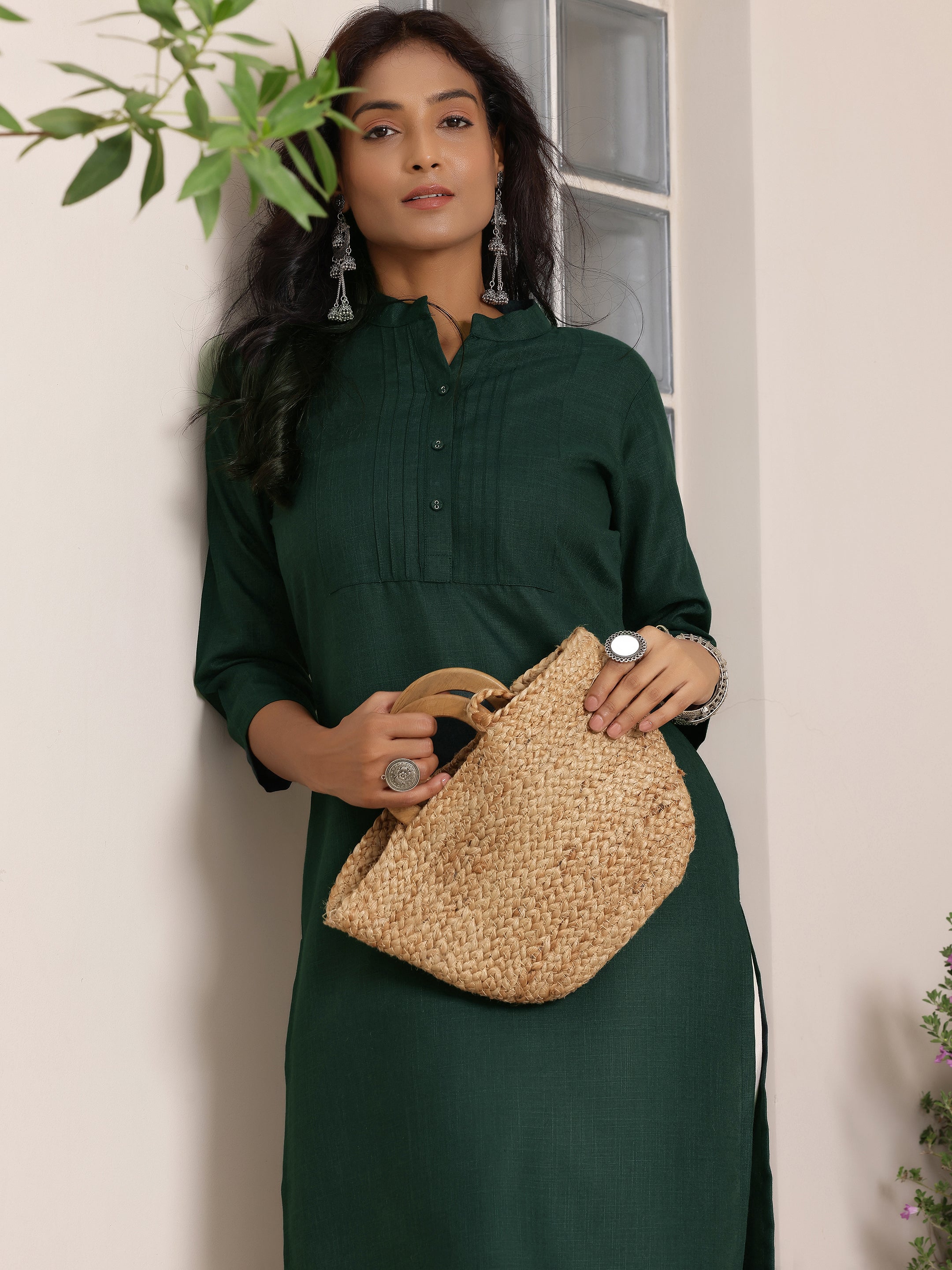 Libas Green Solid Silk Straight Kurta