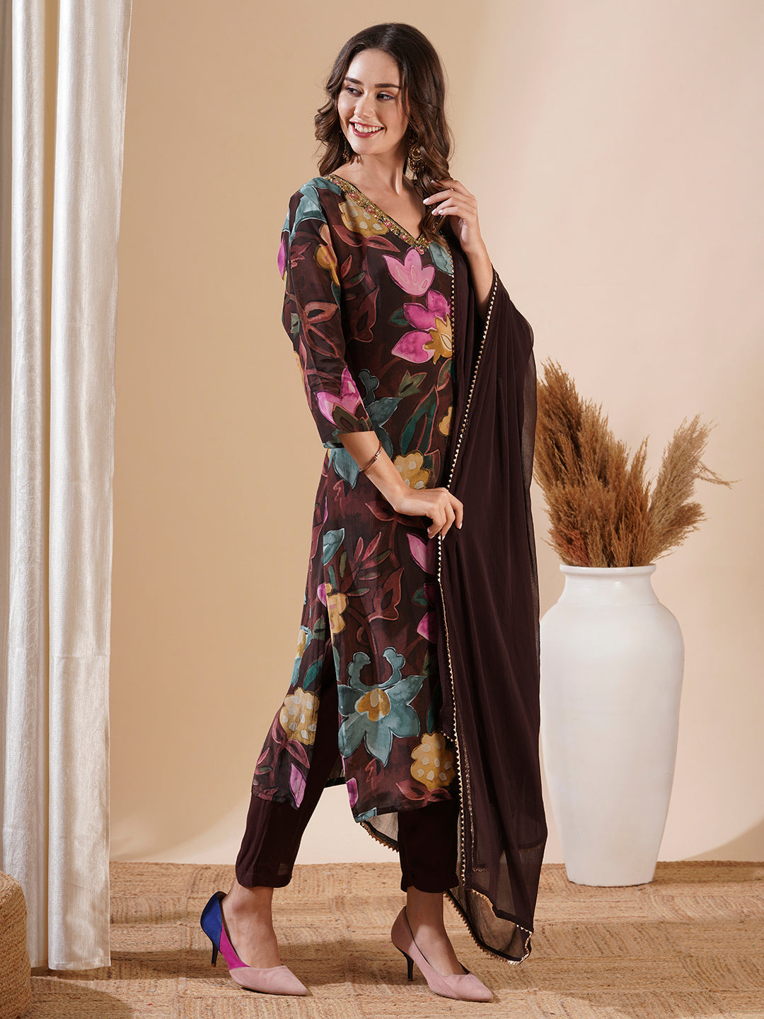 Fashor Floral Printed Sequins Aari Embroidered Kurta with Pants & Dupatta - Brown - view 5