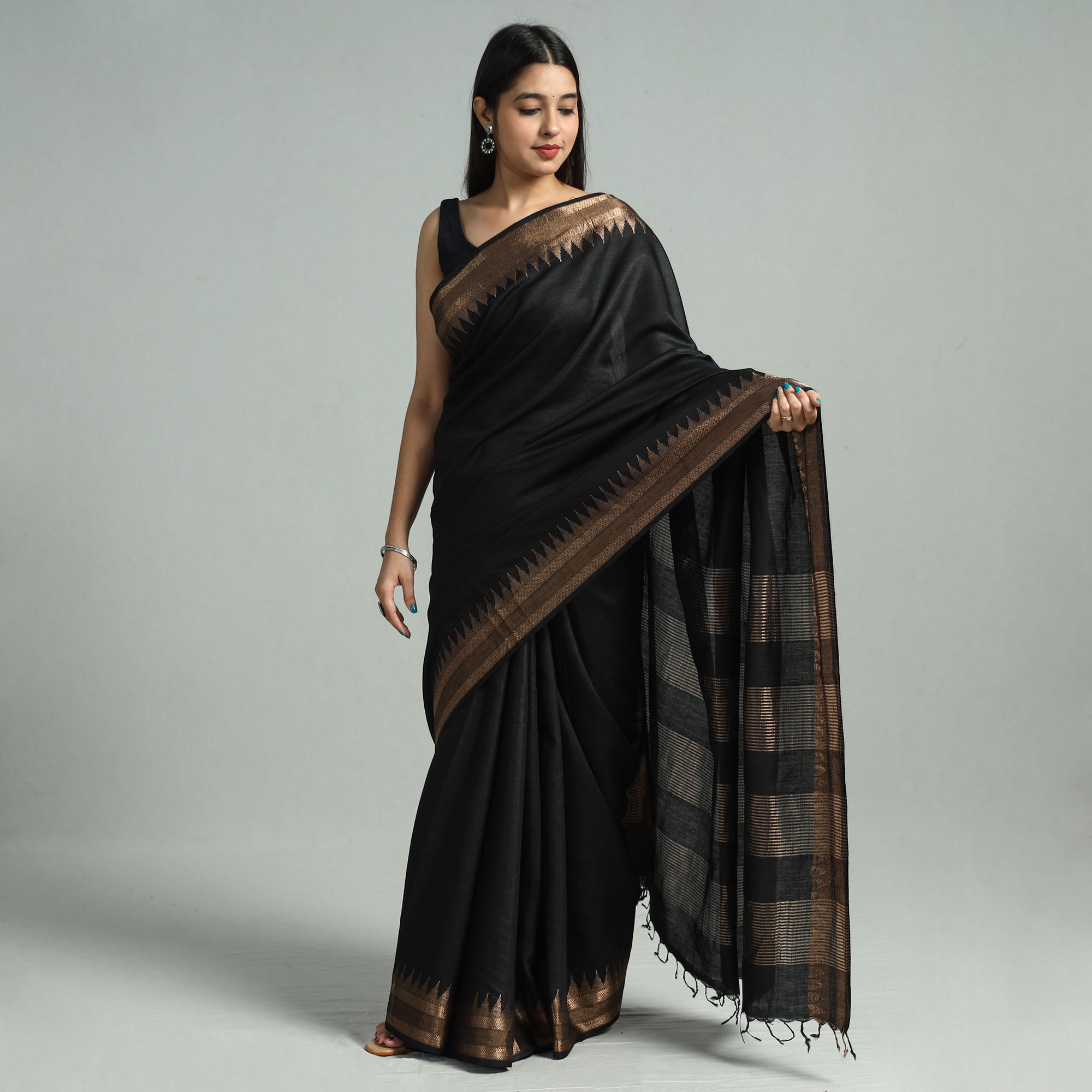 ITOKRI CRAFTS INITIATIVE Black - Vidarbha Tussar Bamboo Cotton Handloom Zari Border Saree 20 - view 2
