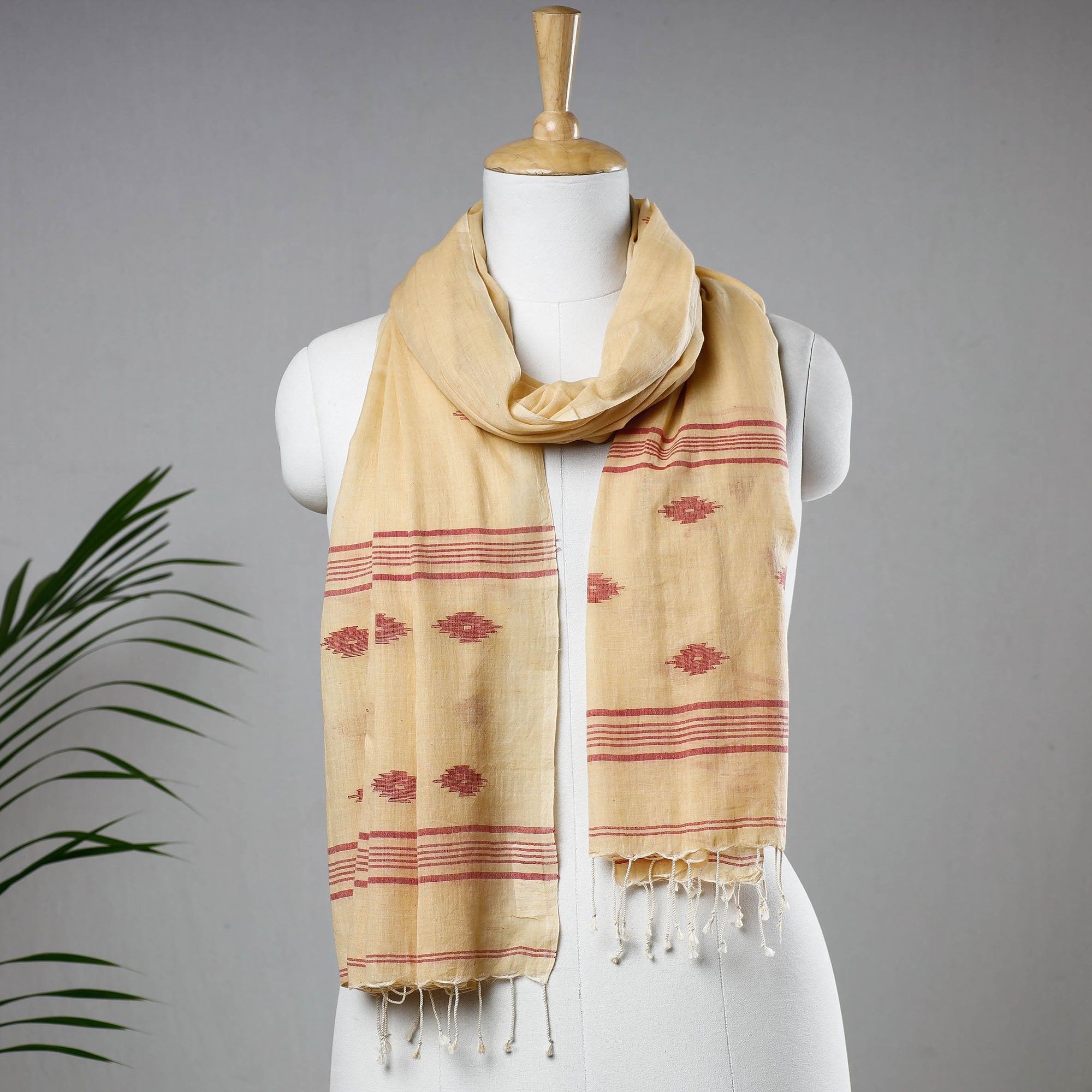 KHUSHBASH - HAPPY LOOM OF EAST Beige - Burdwan Jamdani Buti Handloom Cotton Stole with Tassels