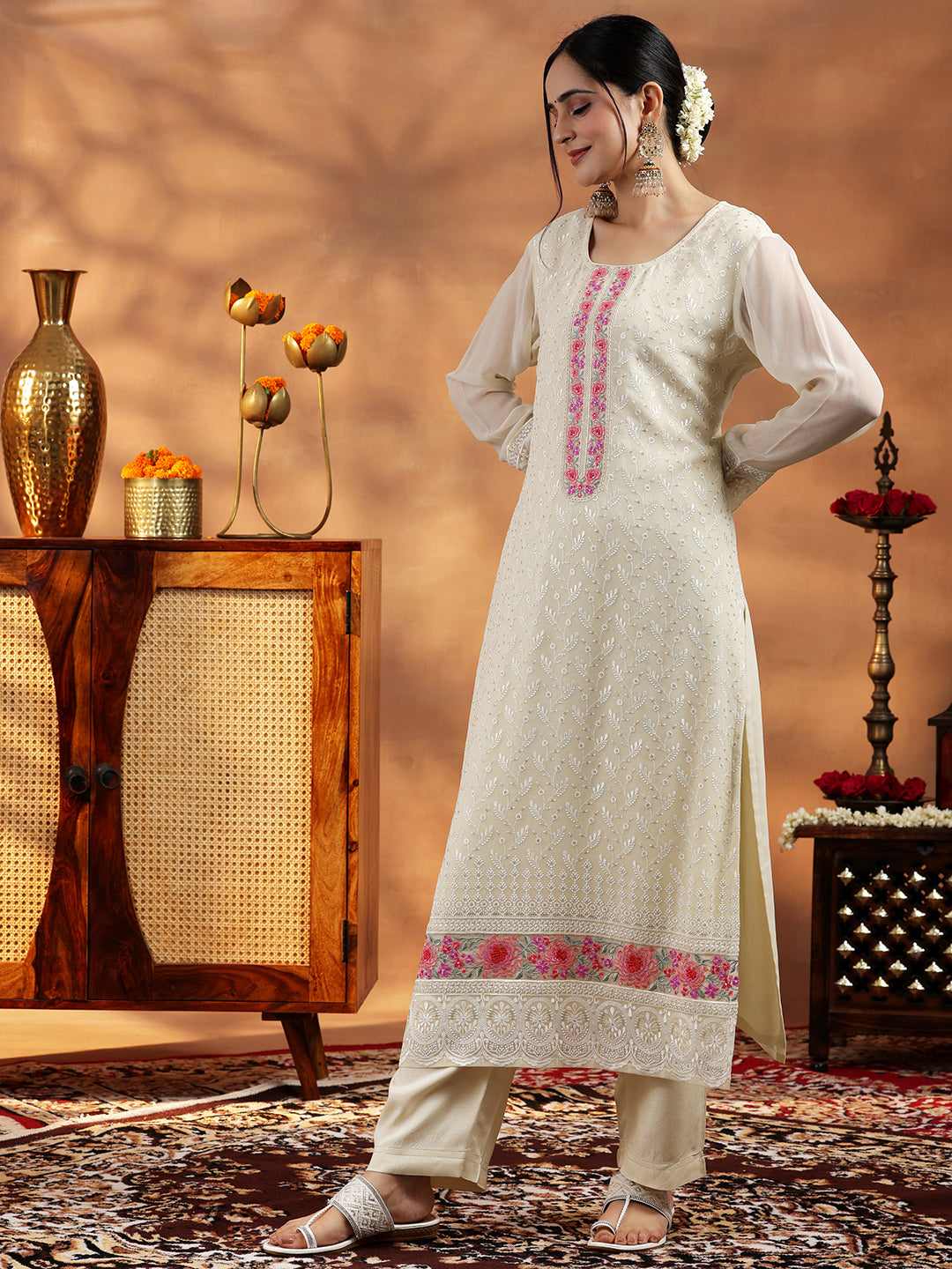 Libas Cream Embroidered Georgette Straight Suit With Dupatta - view 2
