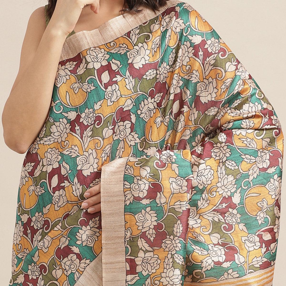 Peachmode Magnetic Beige-Multi Colored Casual Wear Floral Printed Silk Blend Saree With Tassels - view 5
