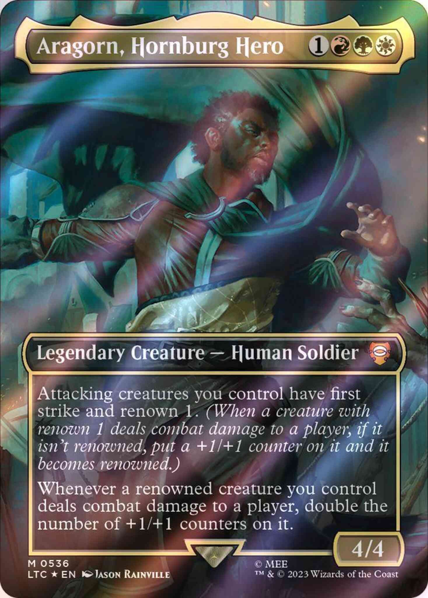 Aragorn hornburg hero – Magic Aragorn, Hornburg Hero [536] [Borderless] [The Lord of the Rings: Tales of Middle-earth: Commander] [Surge Foil]