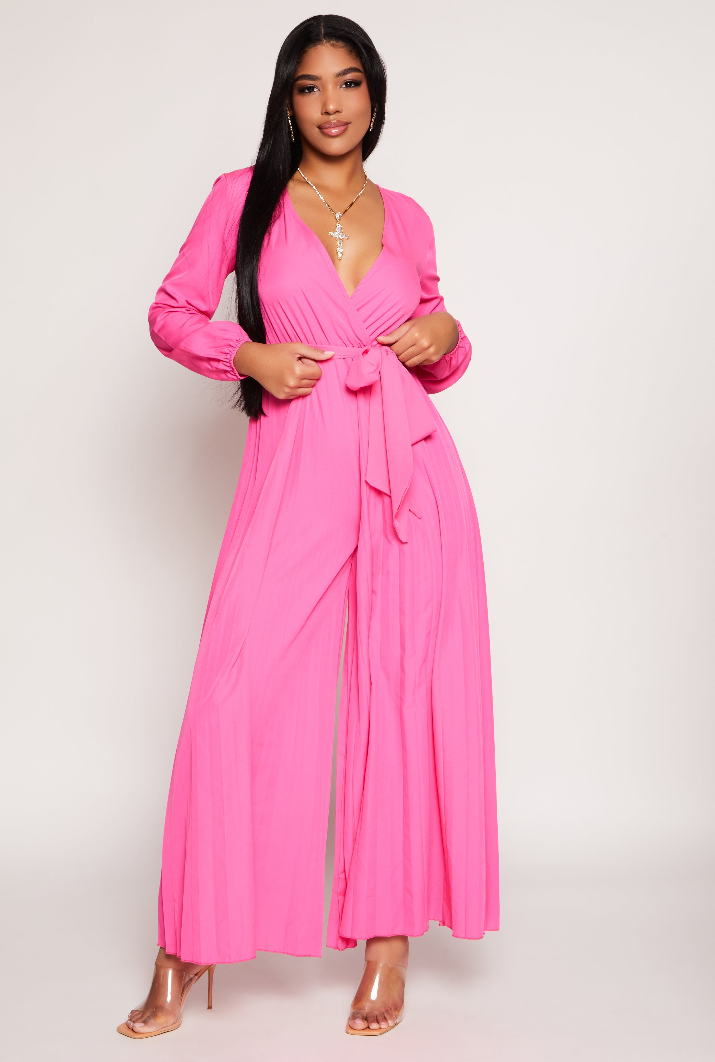 Rainbow Shops Pleated Wide Leg Faux Wrap Jumpsuit