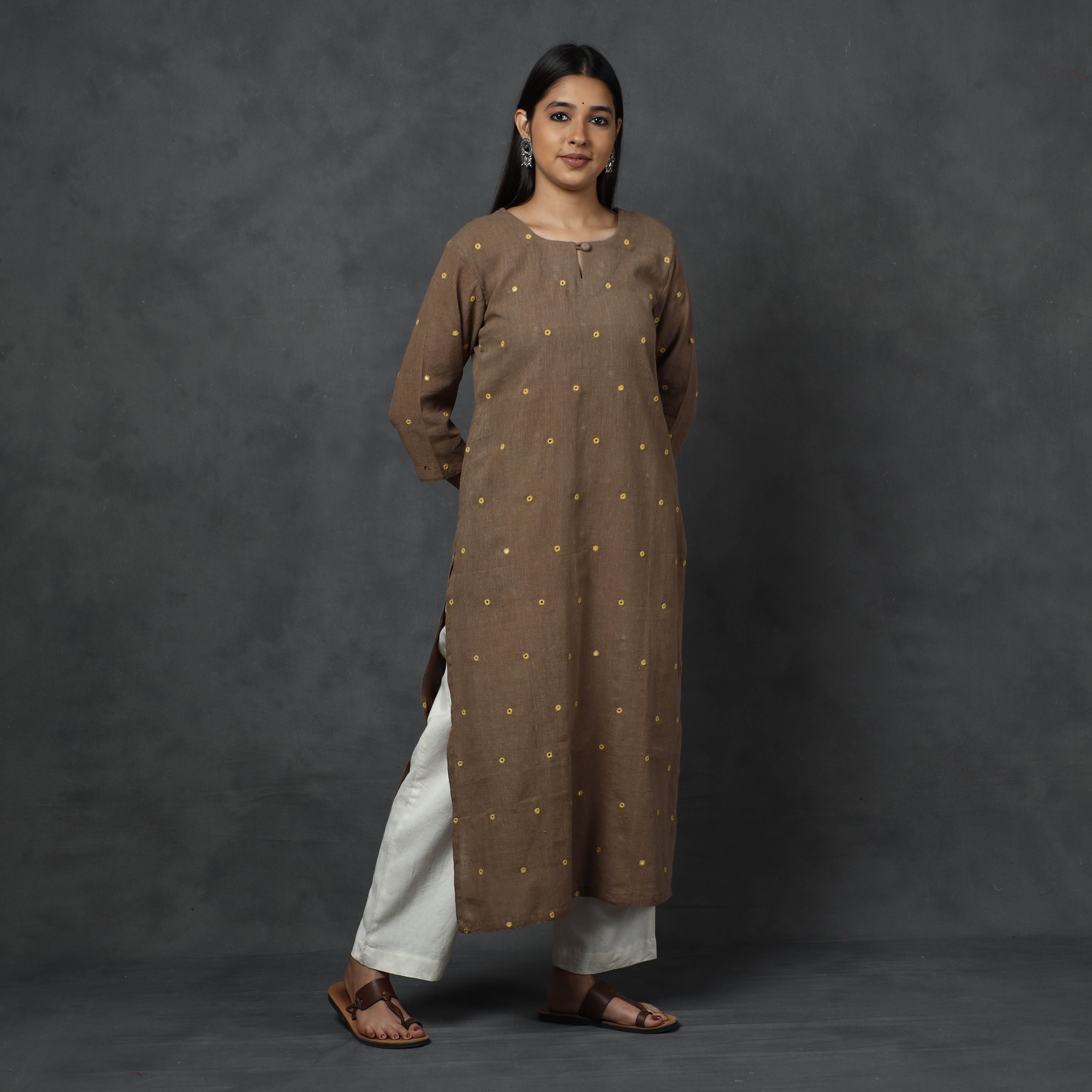 ITOKRI CASUALS Brown - Organic Kala Cotton Handloom Mirror Work Long Kurta