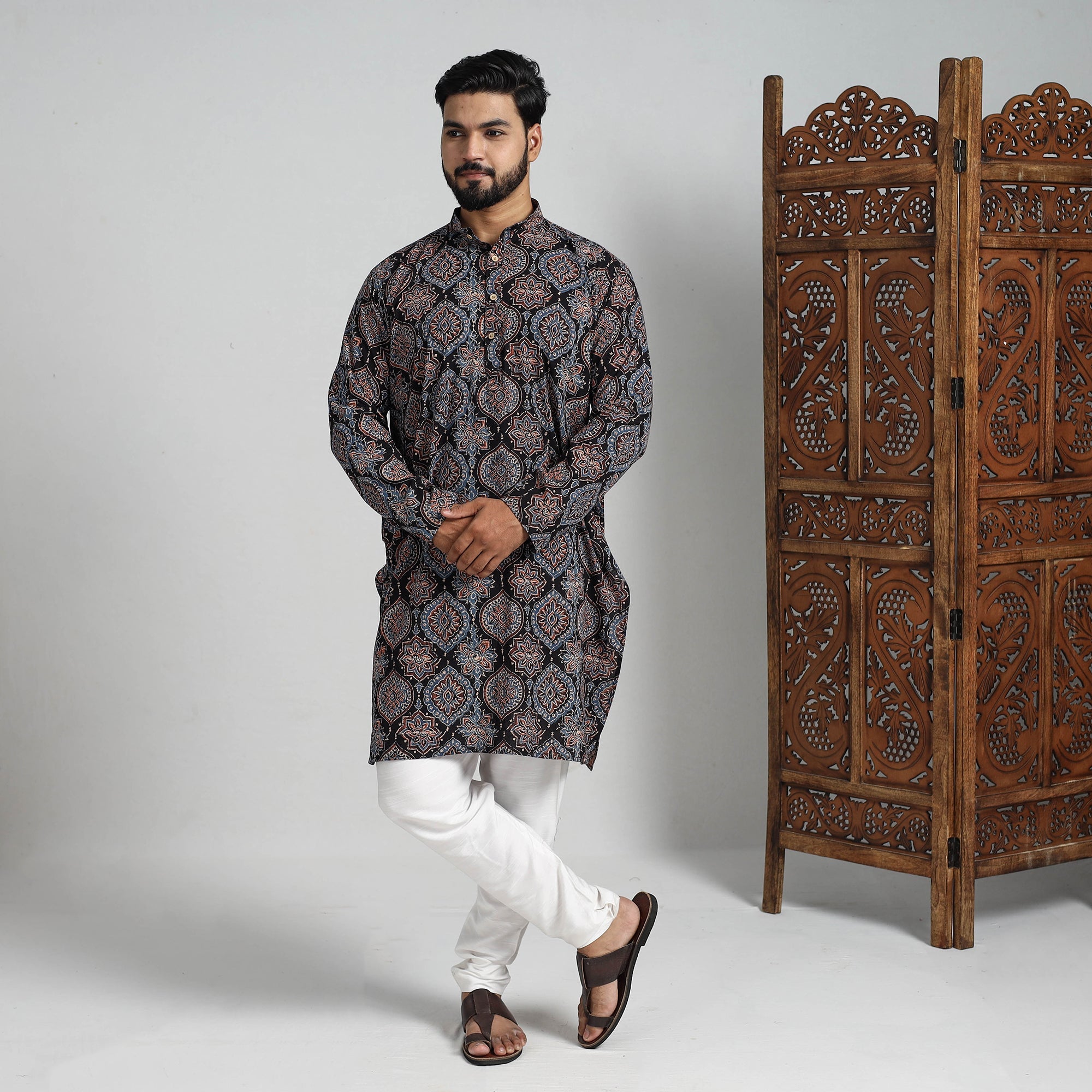 ITOKRI CASUALS Ajrakh Block Printed Cotton Men Long Kurta 16 - view 2