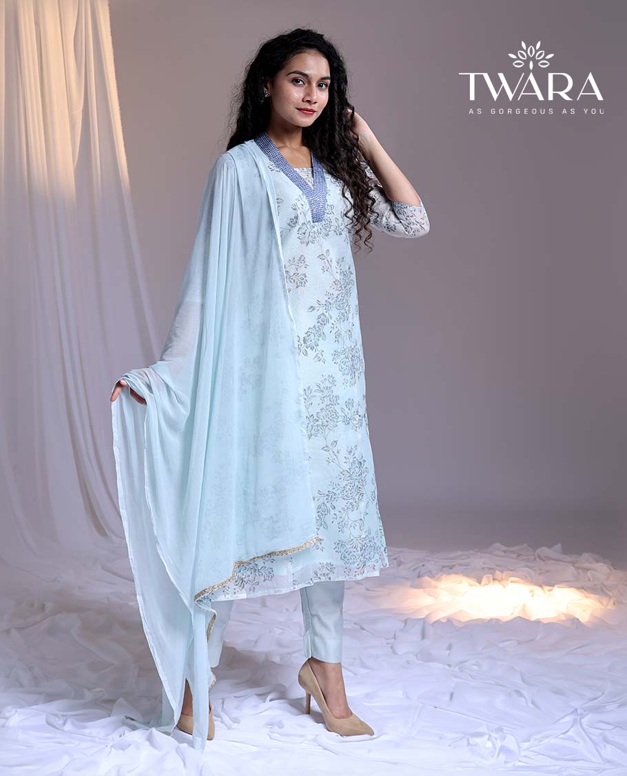 Pothys Twara Blue readymade suit,floral vine printed & V-neck embroidery straight-cut kota cotton top,solid pants & dupatta - view 2