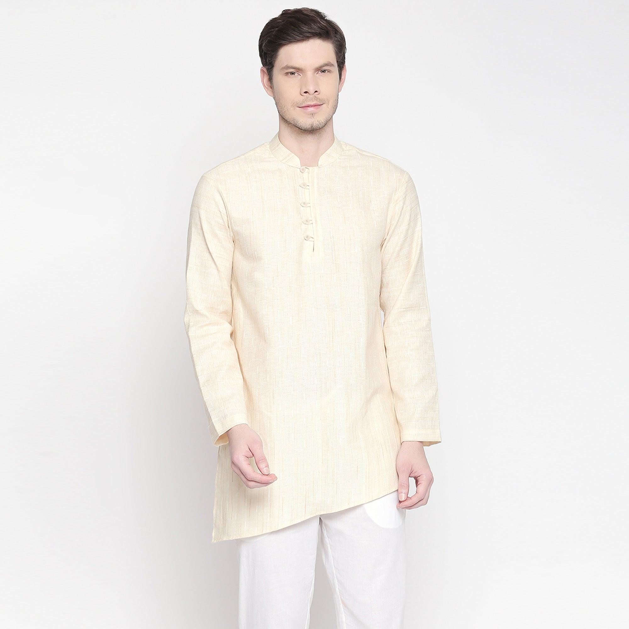 Peachmode Cream Solid Pure Cotton Short Kurta